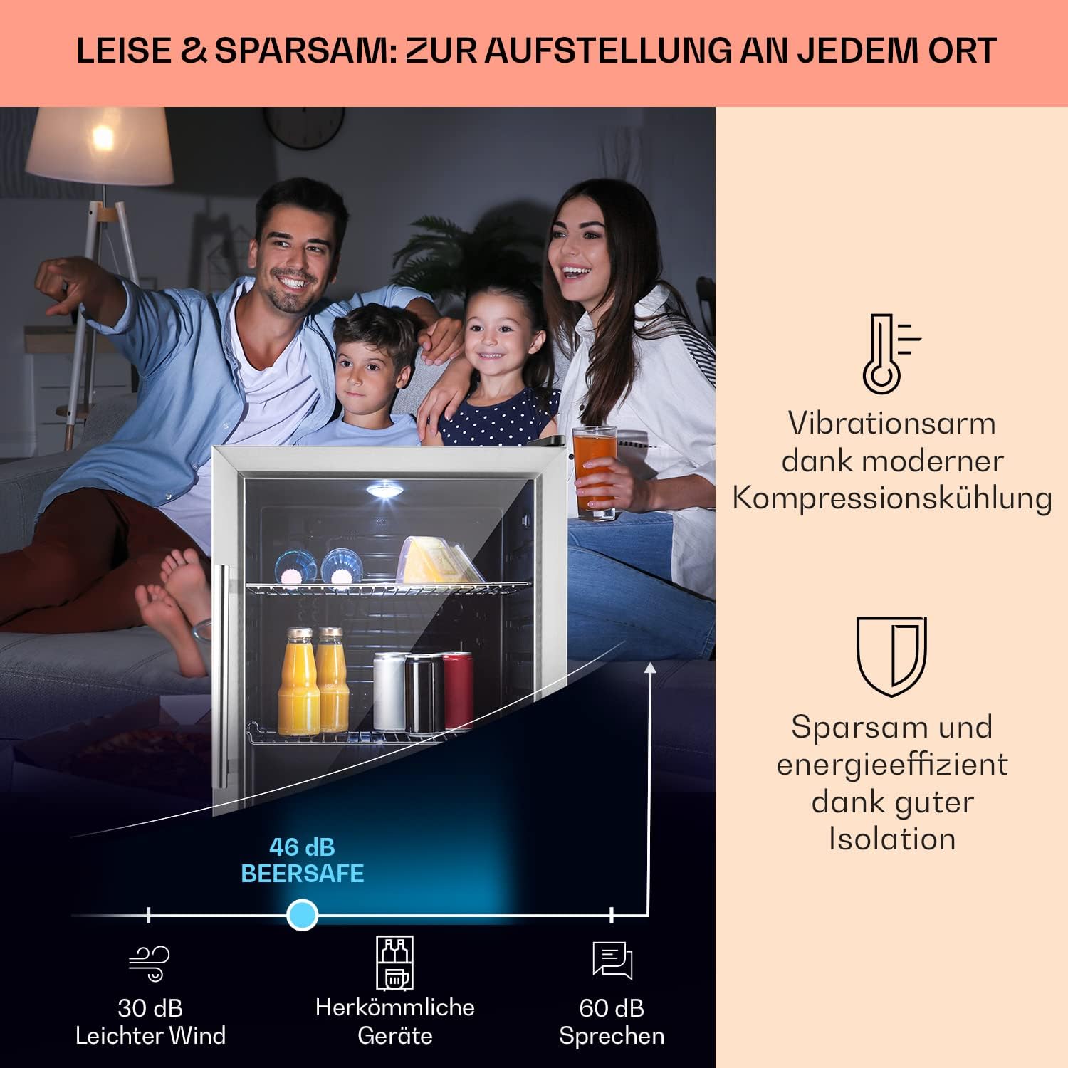 Klarstein Mini-Kühlschrank 80 L mit Glastür – Leise, Energieeffizient, Ideal für Getränke, Party & Camping