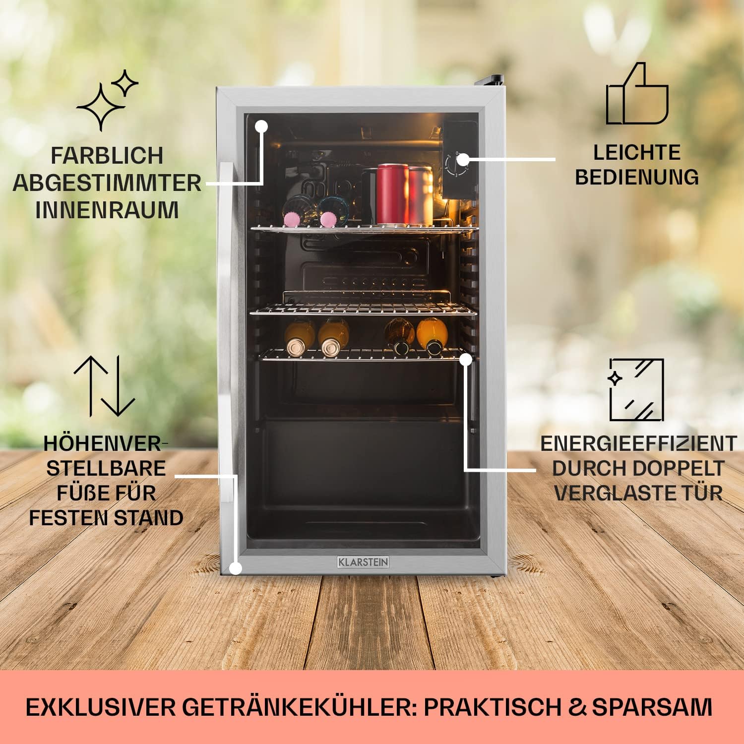 Klarstein Mini-Kühlschrank 80 L mit Glastür – Leise, Energieeffizient, Ideal für Getränke, Party & Camping