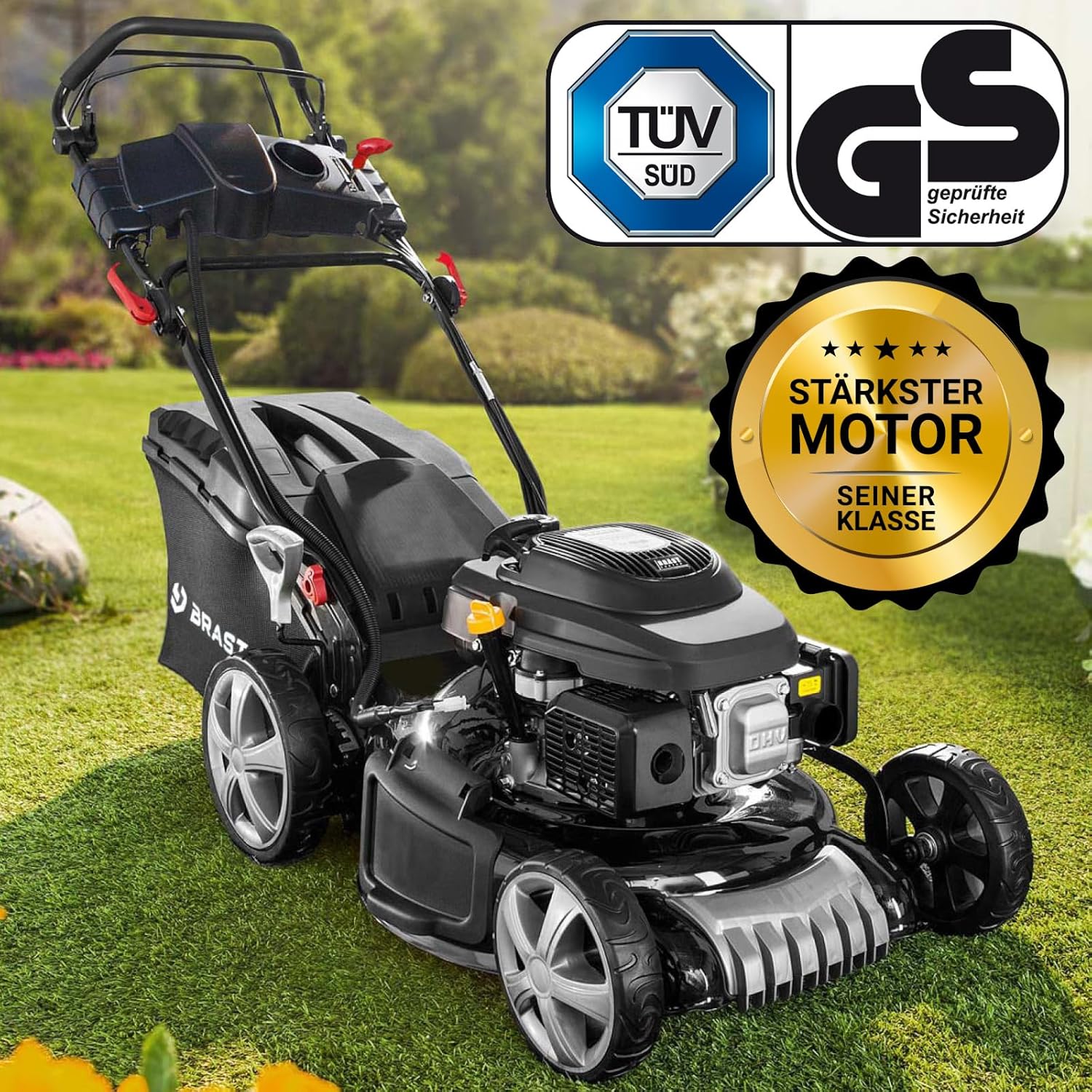 BRAST 19224 ESTART Benzin-Rasenmäher – 5,2 kW, Elektrostart, 3 Gänge, 48 cm Schnittbreite, 60 L Fangkorb, Mulchfunktion, Stahlgehäuse