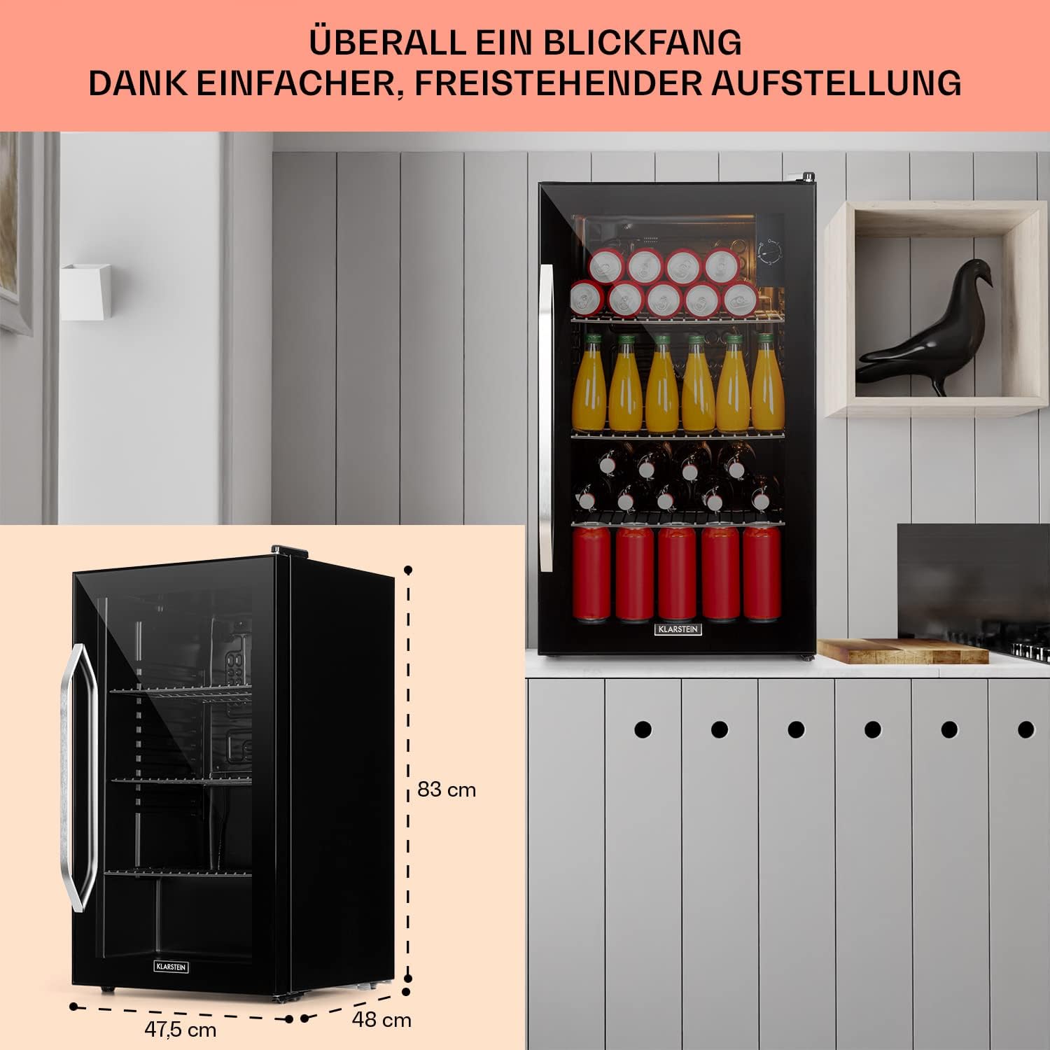 Klarstein Mini-Kühlschrank 80 L mit Glastür – Leise, Energieeffizient, Ideal für Getränke, Party & Camping