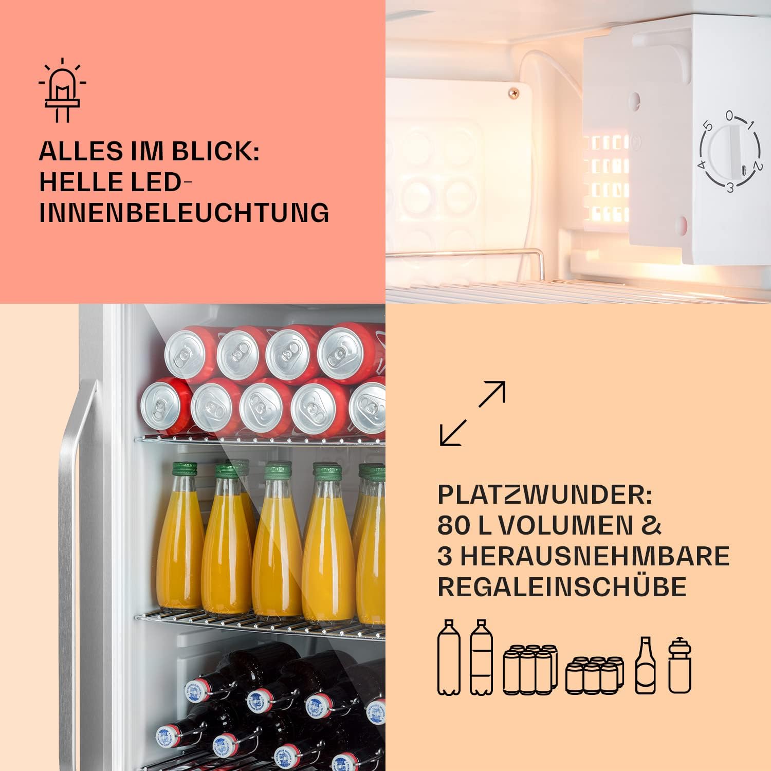 Klarstein Mini-Kühlschrank 80 L mit Glastür – Leise, Energieeffizient, Ideal für Getränke, Party & Camping