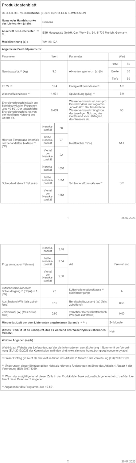 Siemens WM14N223 iQ300 Frontlader – 7 kg, 1400 U/min, speedPack L, LED-Display, Outdoor-Programm