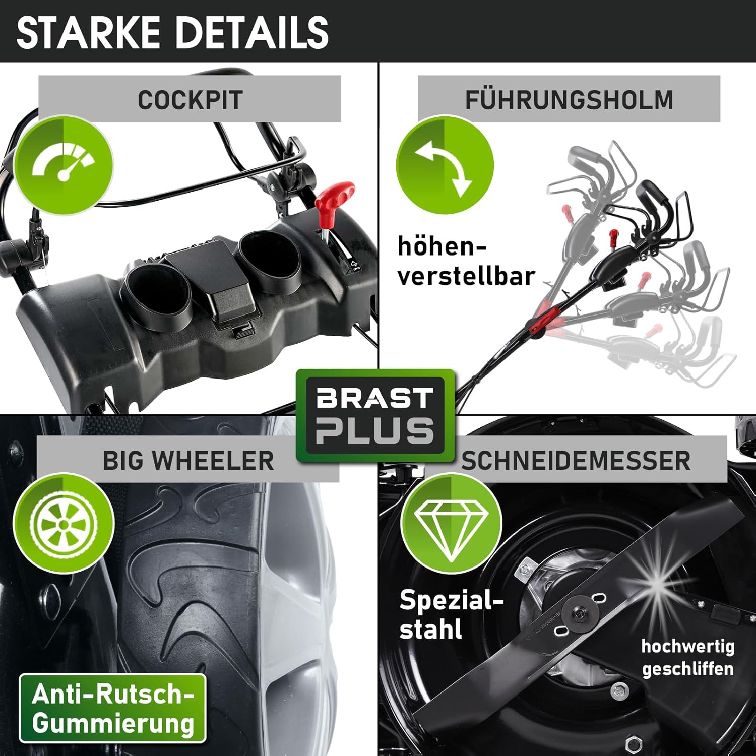 BRAST Benzin-Rasenmäher 5,2 kW – 55 cm Schnittbreite, 4 in 1, 60 L Grasfangkorb, Höhenverstellbar, Stahlgehäuse