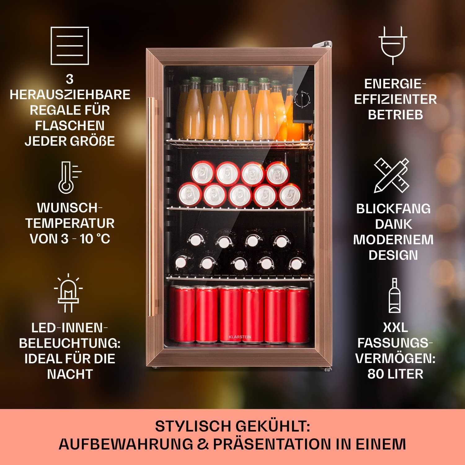 Klarstein Mini-Kühlschrank 80 L mit Glastür – Leise, Energieeffizient, Ideal für Getränke, Party & Camping