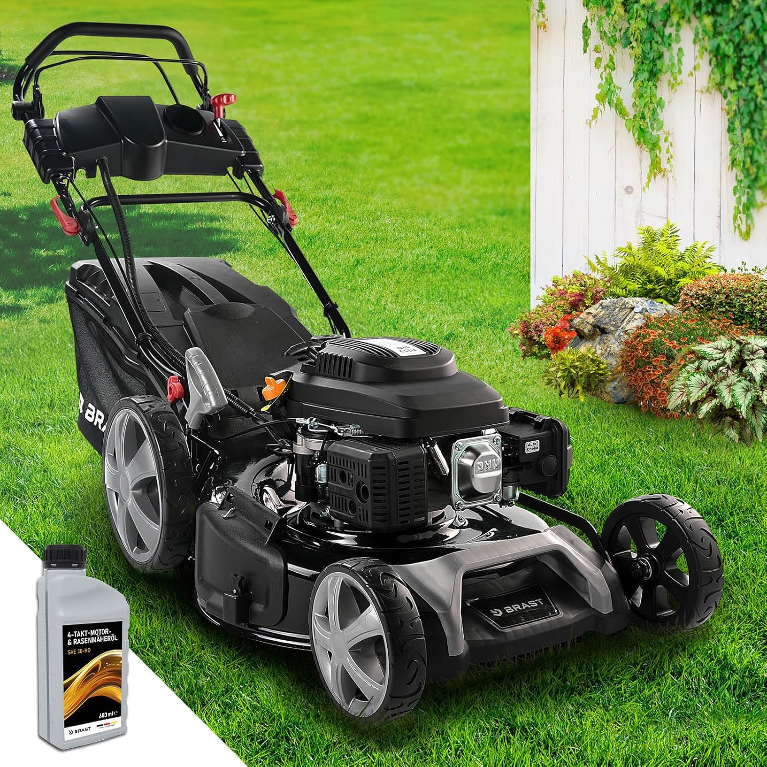 BRAST Benzin-Rasenmäher 5,2 kW – 55 cm Schnittbreite, 4 in 1, 60 L Grasfangkorb, Höhenverstellbar, Stahlgehäuse
