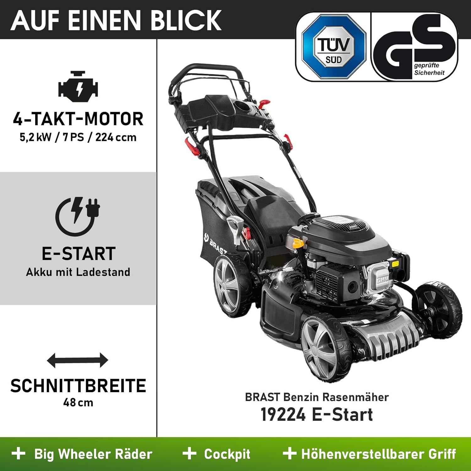 BRAST 19224 ESTART Benzin-Rasenmäher – 5,2 kW, Elektrostart, 3 Gänge, 48 cm Schnittbreite, 60 L Fangkorb, Mulchfunktion, Stahlgehäuse