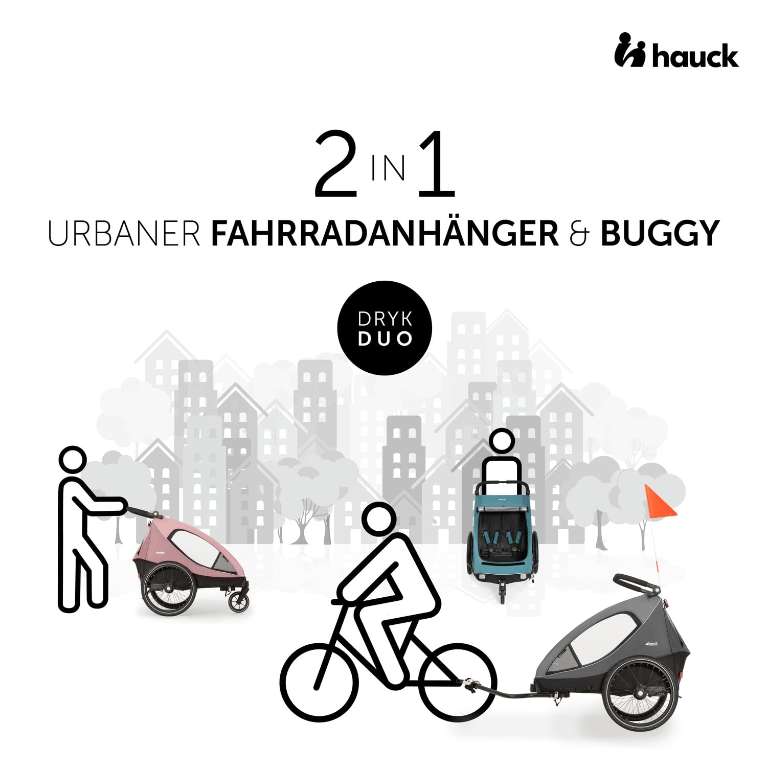 hauck Dryk Duo Plus – 2-in-1 Fahrradanhänger & Kinderwagen für 2 Kinder, mit Federung, LED & XL-Kofferraum