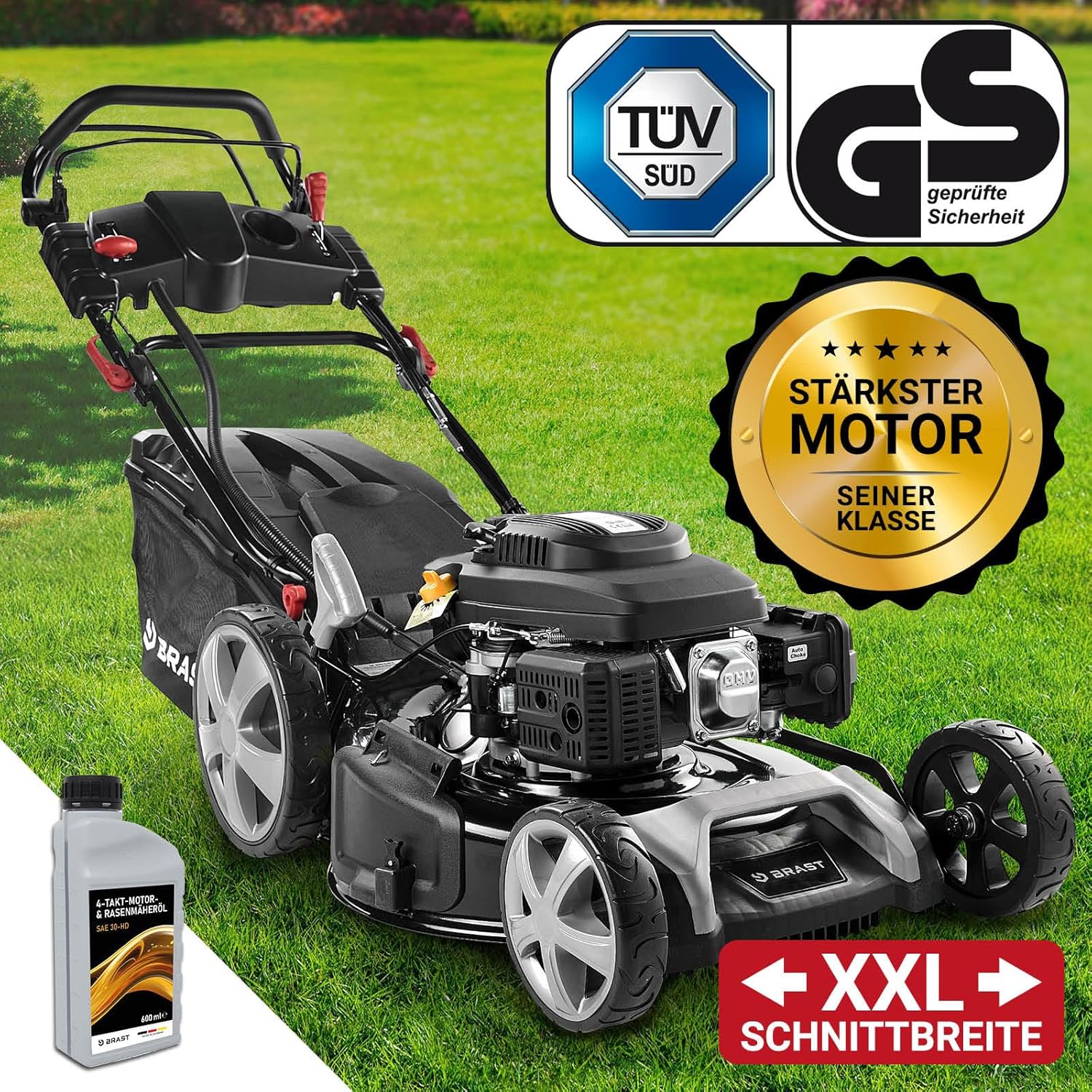 BRAST Benzin-Rasenmäher 5,2 kW – 55 cm Schnittbreite, 4 in 1, 60 L Grasfangkorb, Höhenverstellbar, Stahlgehäuse