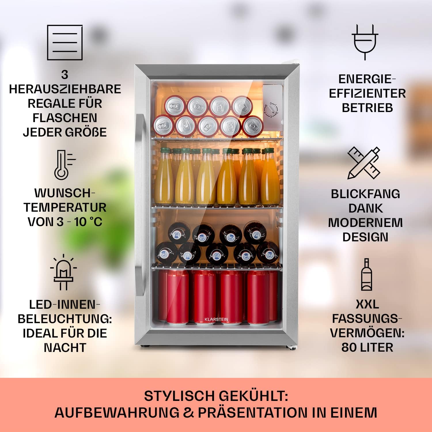 Klarstein Mini-Kühlschrank 80 L mit Glastür – Leise, Energieeffizient, Ideal für Getränke, Party & Camping
