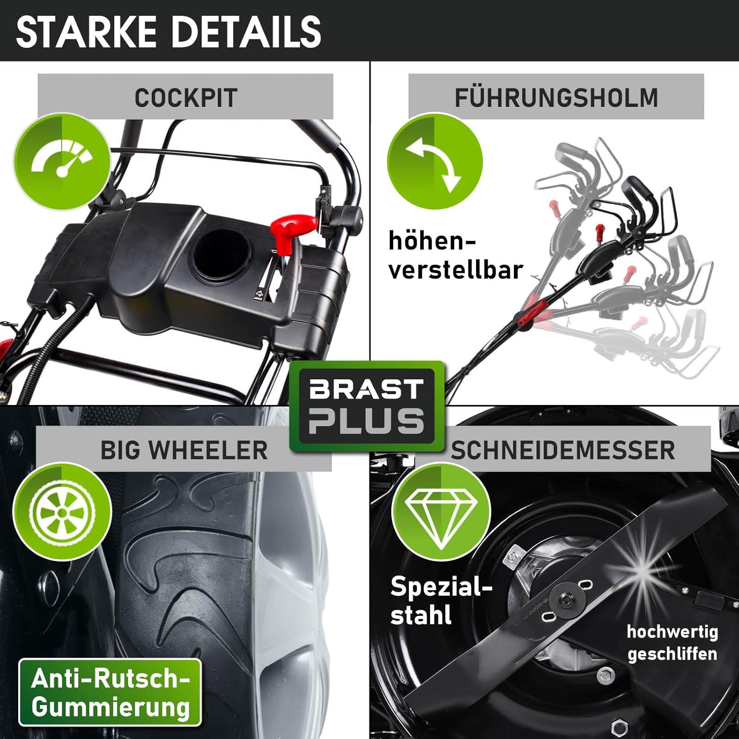 BRAST Benzin-Rasenmäher 5,2 kW – 55 cm Schnittbreite, 4 in 1, 60 L Grasfangkorb, Höhenverstellbar, Stahlgehäuse