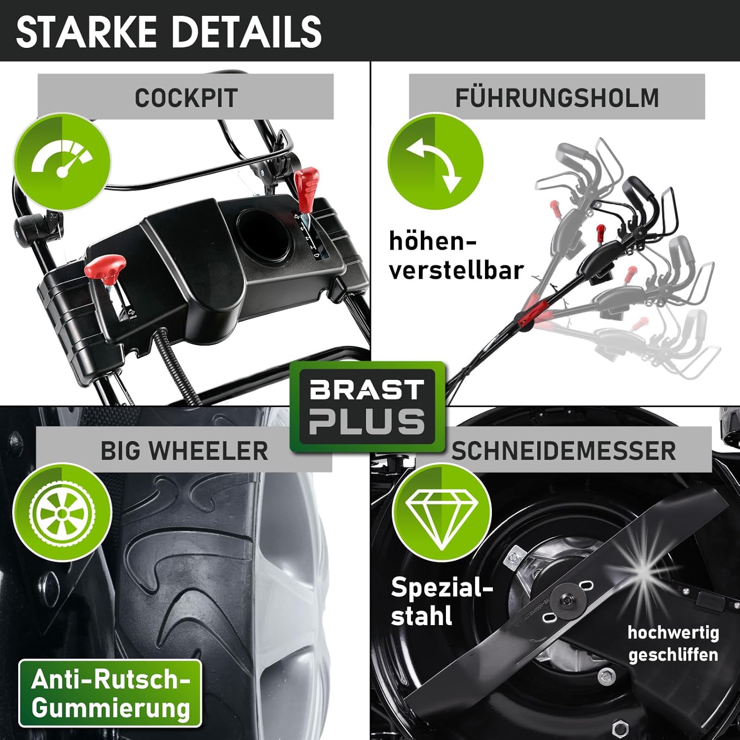 BRAST 19224 ESTART Benzin-Rasenmäher – 5,2 kW, Elektrostart, 3 Gänge, 48 cm Schnittbreite, 60 L Fangkorb, Mulchfunktion, Stahlgehäuse