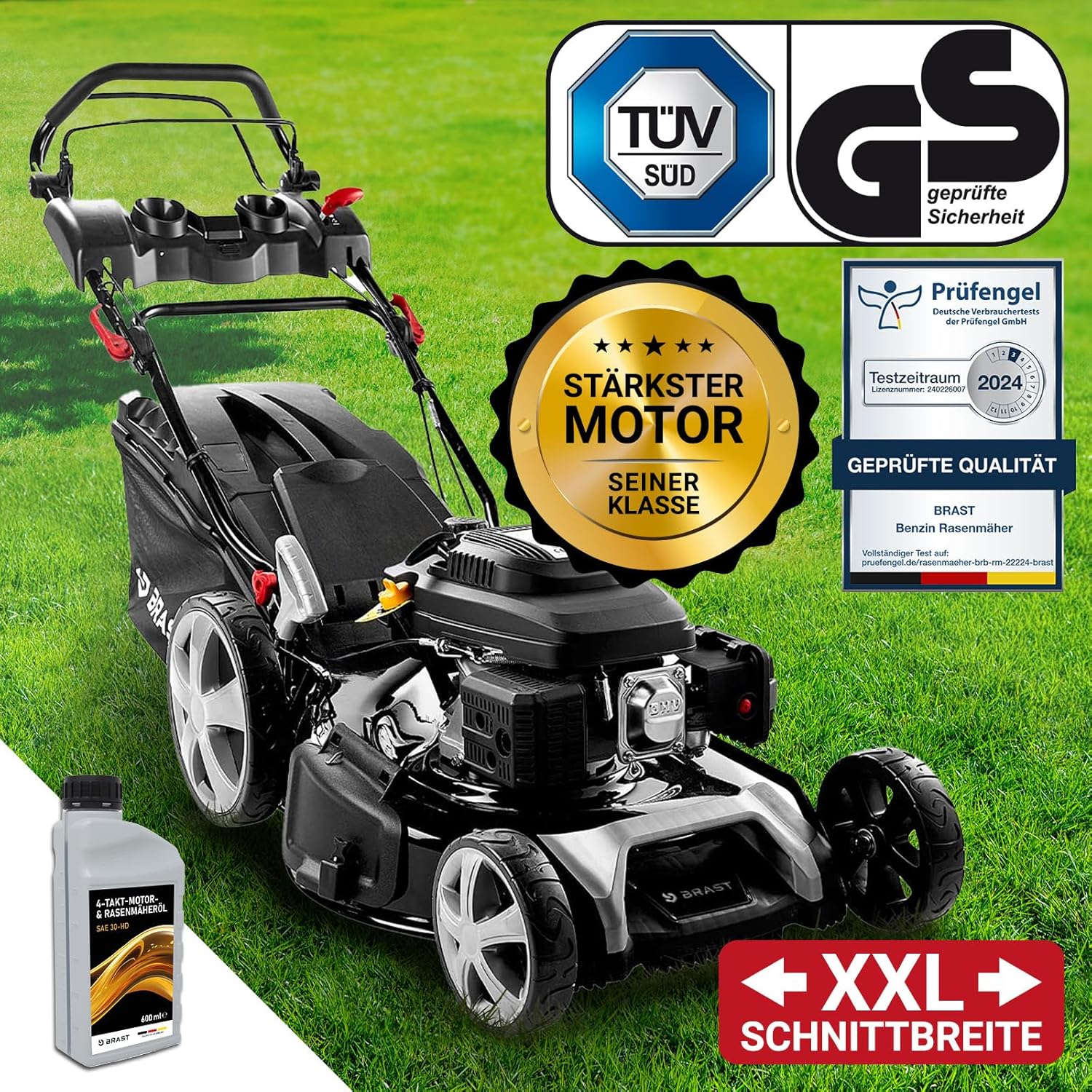 BRAST Benzin-Rasenmäher 5,2 kW – 55 cm Schnittbreite, 4 in 1, 60 L Grasfangkorb, Höhenverstellbar, Stahlgehäuse