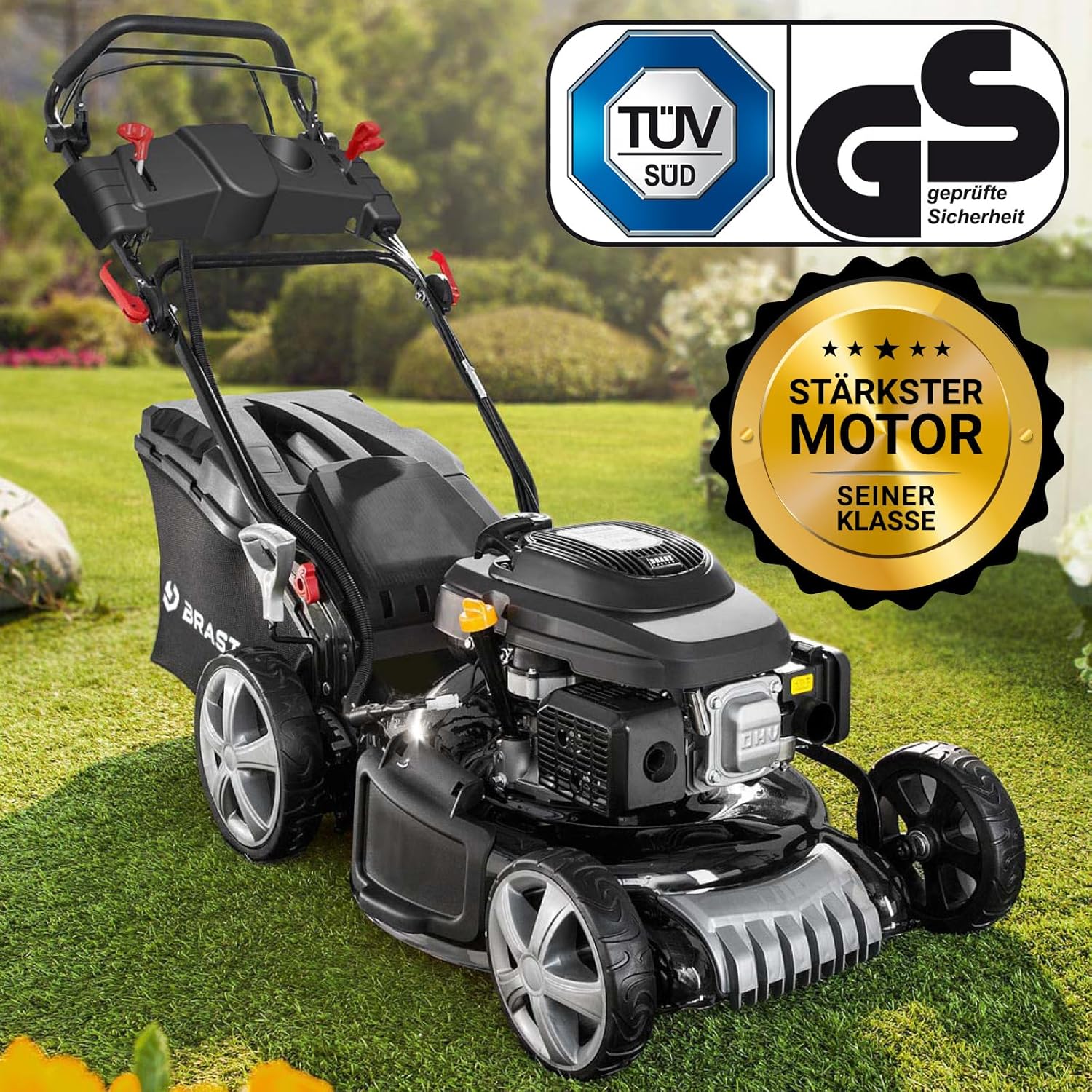 BRAST 19224 ESTART Benzin-Rasenmäher – 5,2 kW, Elektrostart, 3 Gänge, 48 cm Schnittbreite, 60 L Fangkorb, Mulchfunktion, Stahlgehäuse