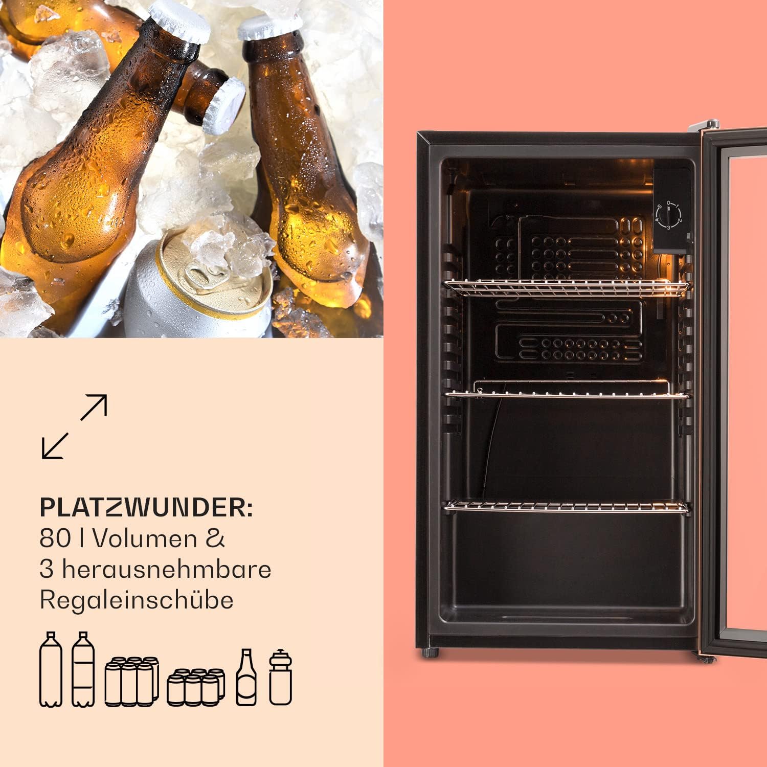 Klarstein Mini-Kühlschrank 80 L mit Glastür – Leise, Energieeffizient, Ideal für Getränke, Party & Camping