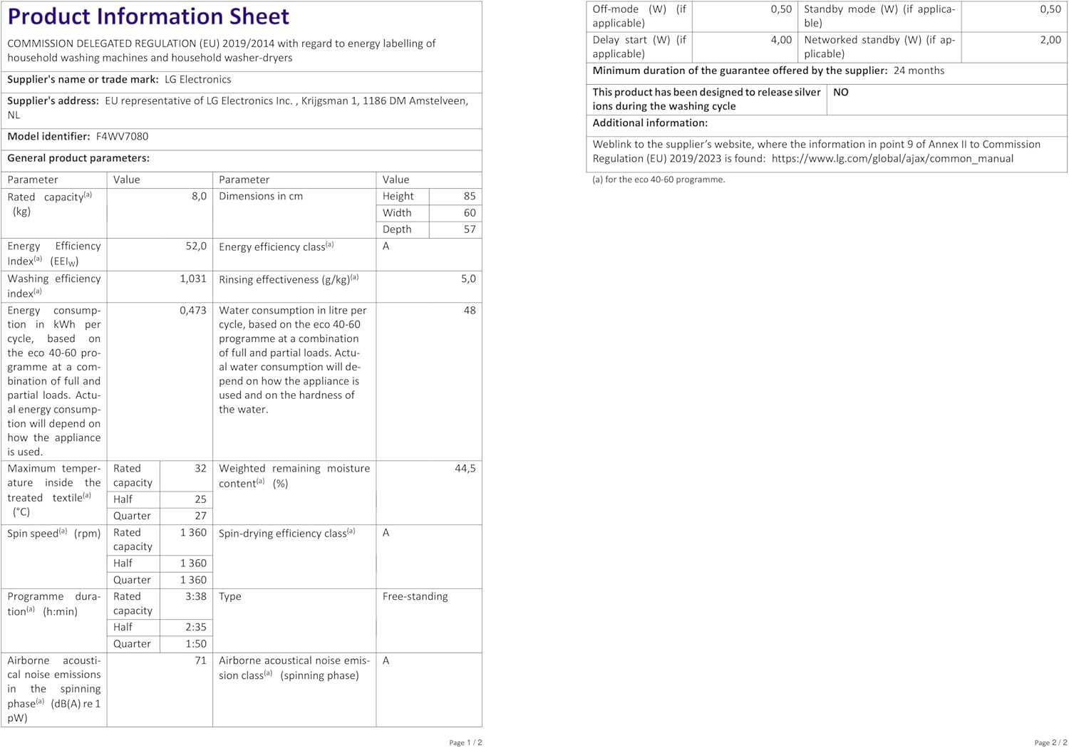 LG F4WV7080 Frontlader-Waschmaschine – 8 kg, 1400 U/min, AI Direct Drive, Dampfreinigung, Wi-Fi, Energieeffizienz Triple A, Weiß