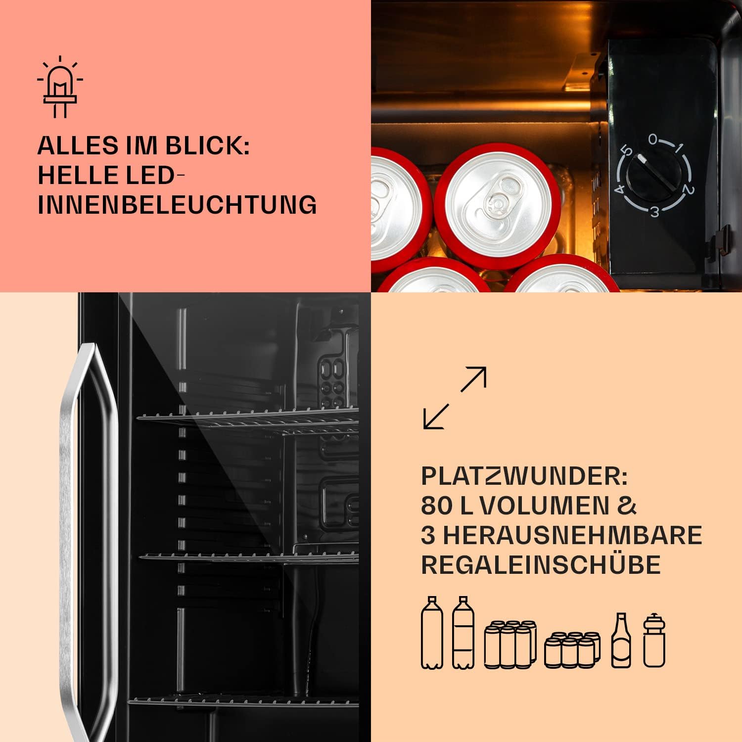 Klarstein Mini-Kühlschrank 80 L mit Glastür – Leise, Energieeffizient, Ideal für Getränke, Party & Camping