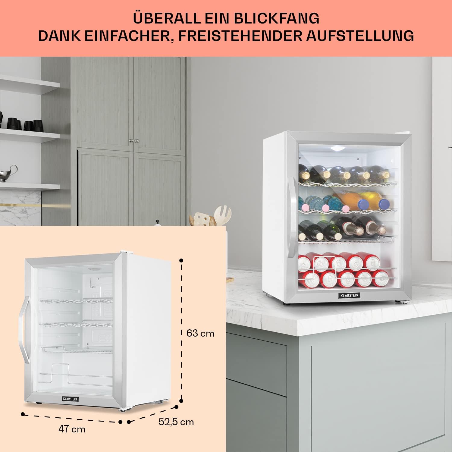 Klarstein Mini-Kühlschrank 80 L mit Glastür – Leise, Energieeffizient, Ideal für Getränke, Party & Camping