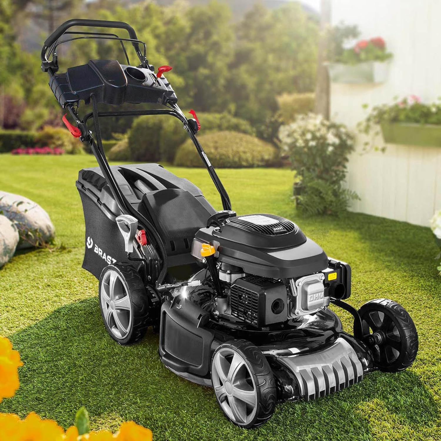 BRAST 19224 ESTART Benzin-Rasenmäher – 5,2 kW, Elektrostart, 3 Gänge, 48 cm Schnittbreite, 60 L Fangkorb, Mulchfunktion, Stahlgehäuse