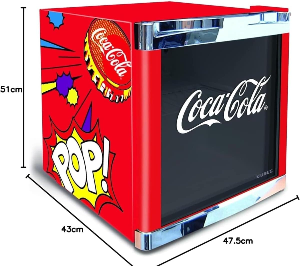CUBES Mini-Kühlschrank 48 L – Retro Getränkekühlschrank Coca-Cola Design, tragbar & energiesparend