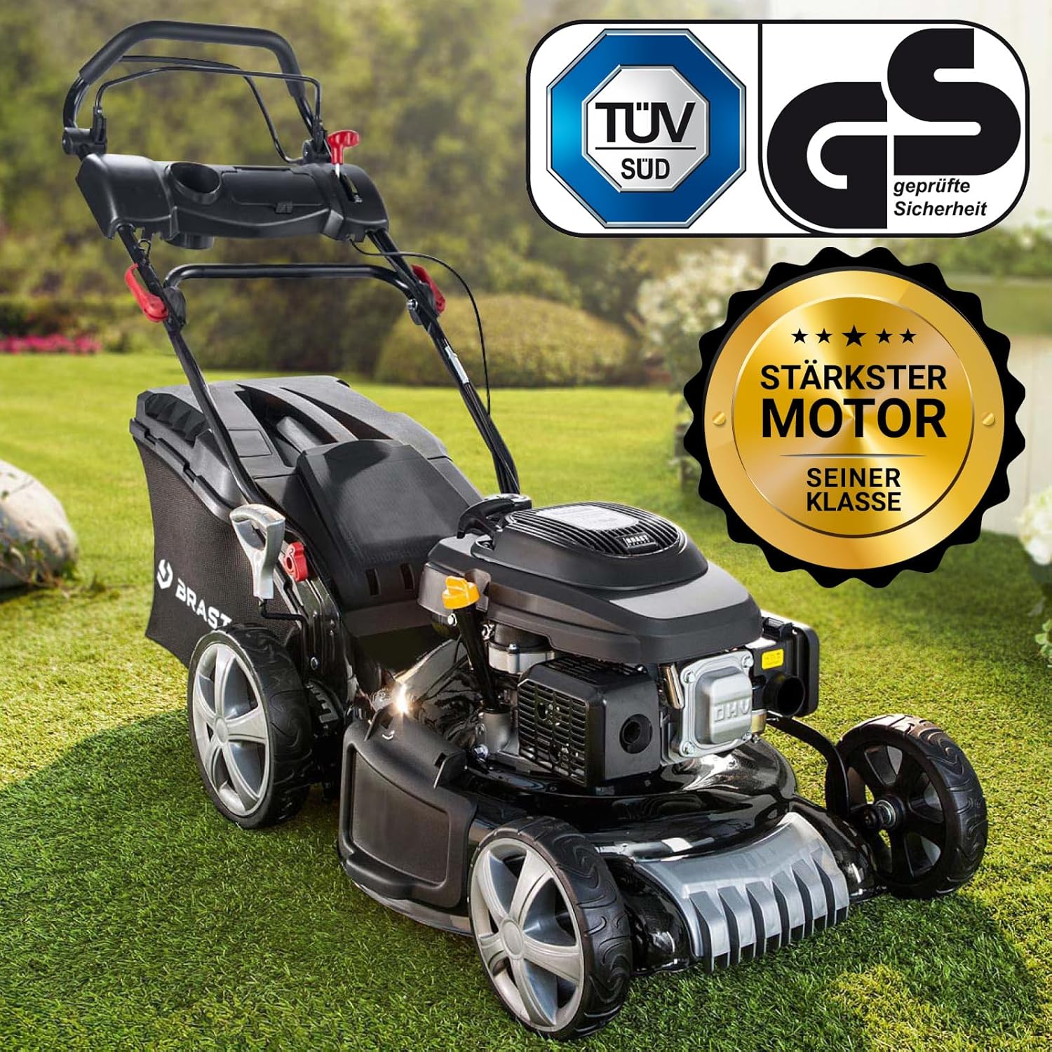 BRAST 19224 ESTART Benzin-Rasenmäher – 5,2 kW, Elektrostart, 3 Gänge, 48 cm Schnittbreite, 60 L Fangkorb, Mulchfunktion, Stahlgehäuse
