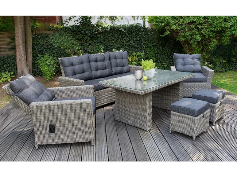 Bellavista Alu-Luxus Asti 6-teilig – Garten-Lounge Set: 3-Sitzer Sofa, 2 Sessel, 2 Hocker, Tisch, verstellbare Rückenlehne
