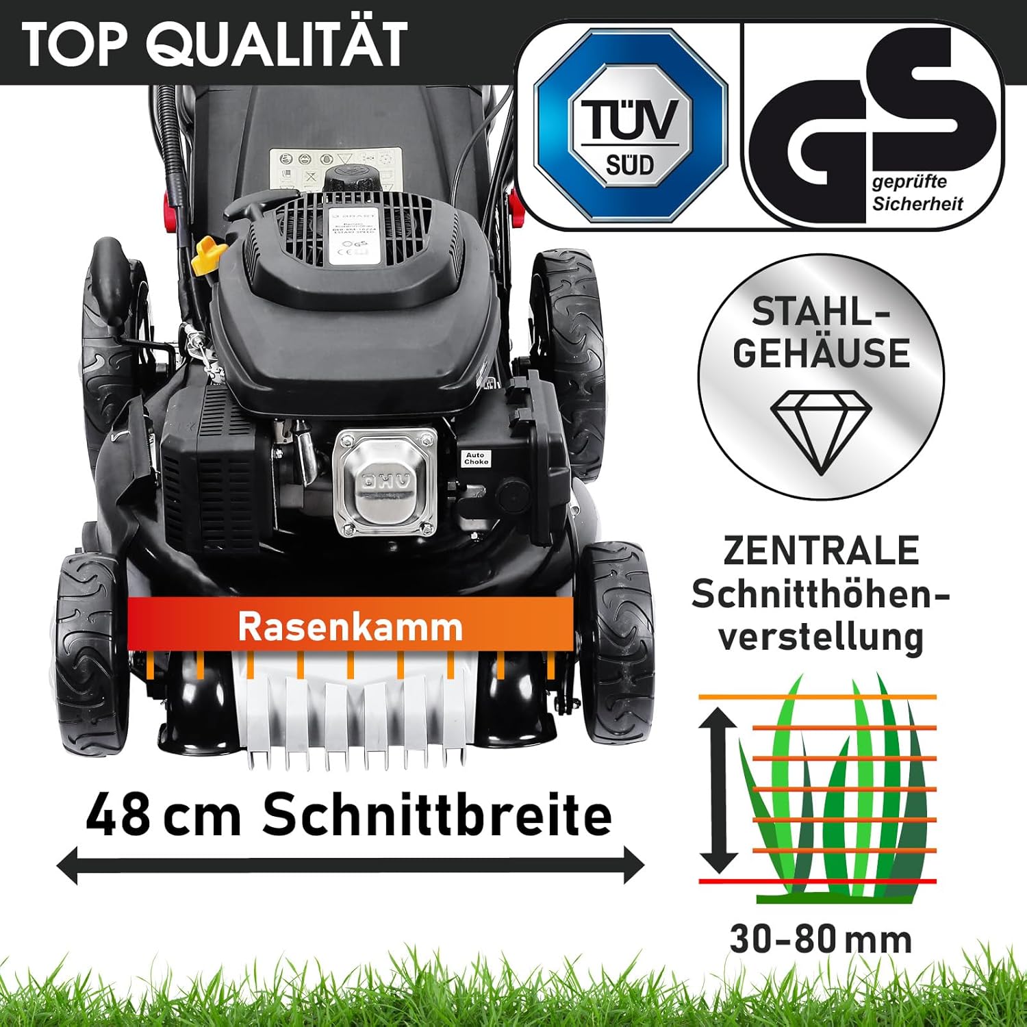 BRAST 19224 ESTART Benzin-Rasenmäher – 5,2 kW, Elektrostart, 3 Gänge, 48 cm Schnittbreite, 60 L Fangkorb, Mulchfunktion, Stahlgehäuse