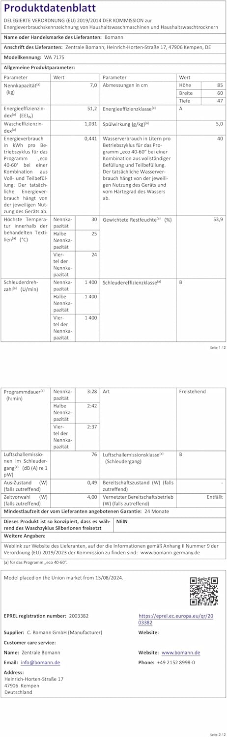 Bomann Waschmaschine 7 kg 1400 U/min WA 7175 – Effizient, Leise & Langlebig
