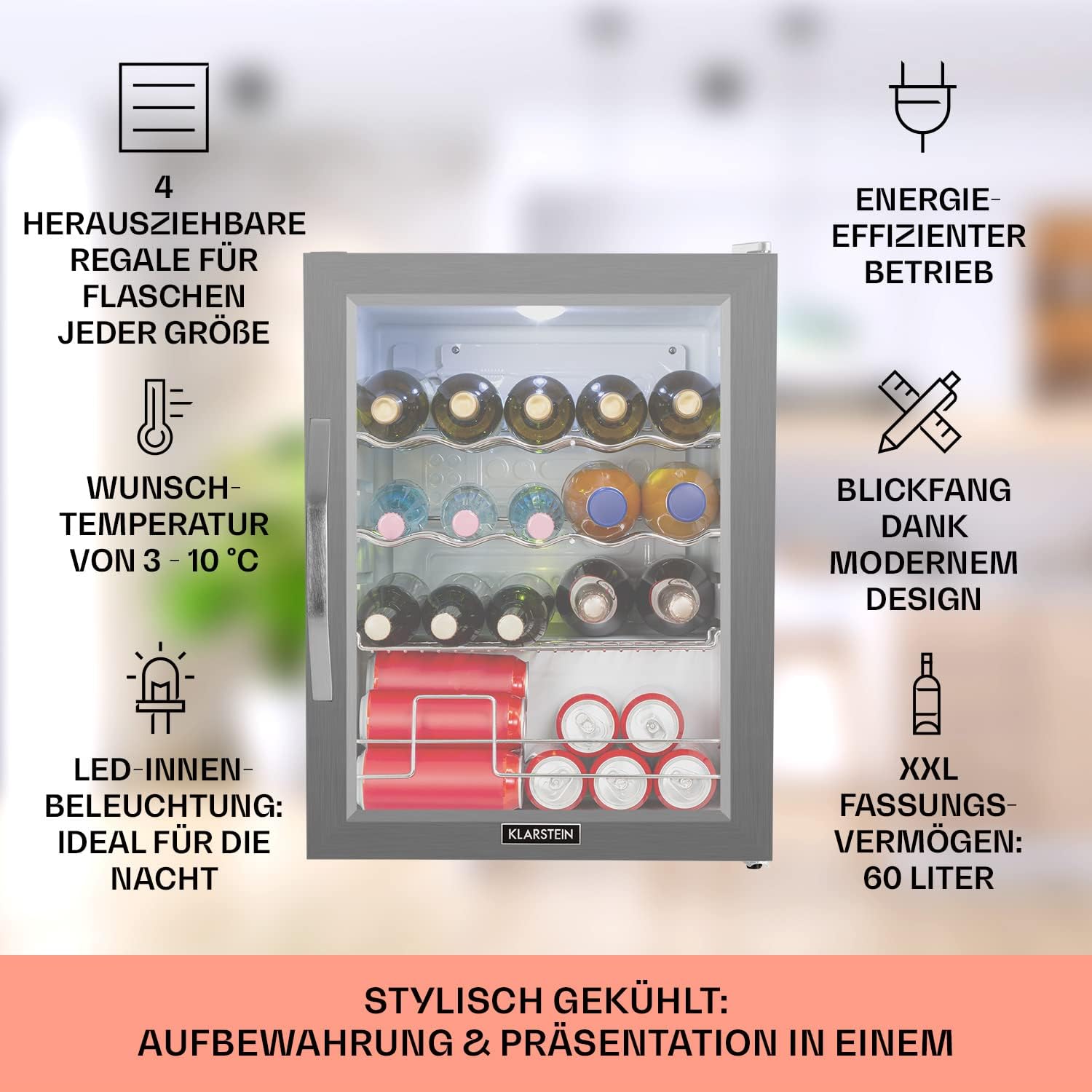 Klarstein Mini-Kühlschrank 80 L mit Glastür – Leise, Energieeffizient, Ideal für Getränke, Party & Camping