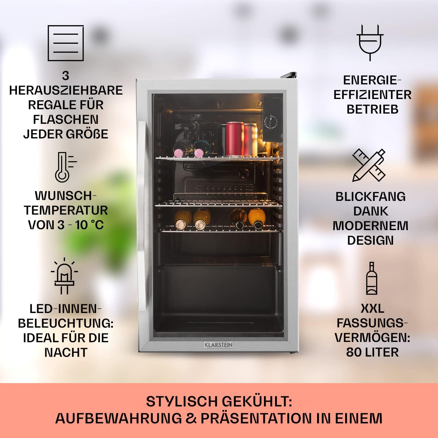 Klarstein Mini-Kühlschrank 80 L mit Glastür – Leise, Energieeffizient, Ideal für Getränke, Party & Camping
