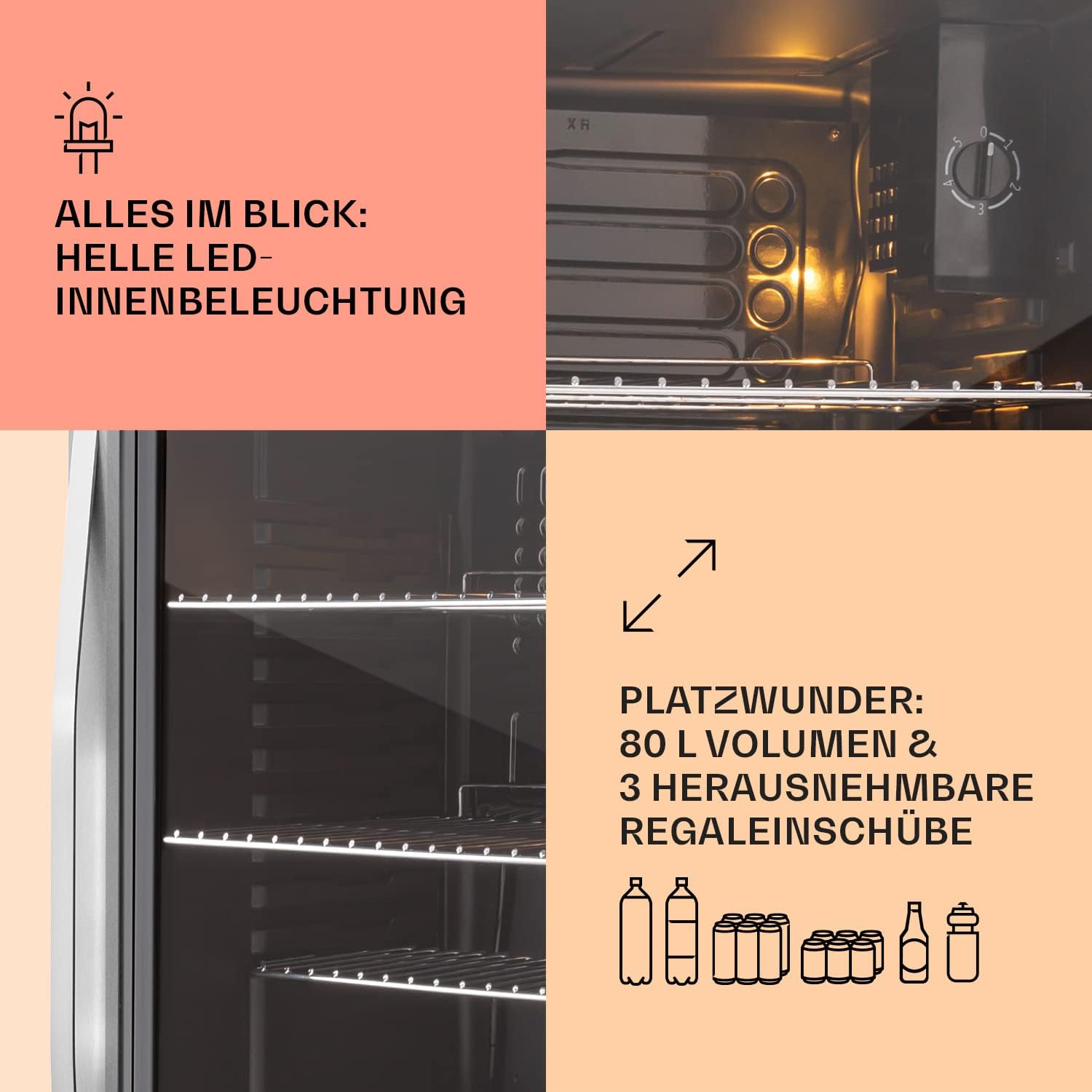 Klarstein Mini-Kühlschrank 80 L mit Glastür – Leise, Energieeffizient, Ideal für Getränke, Party & Camping