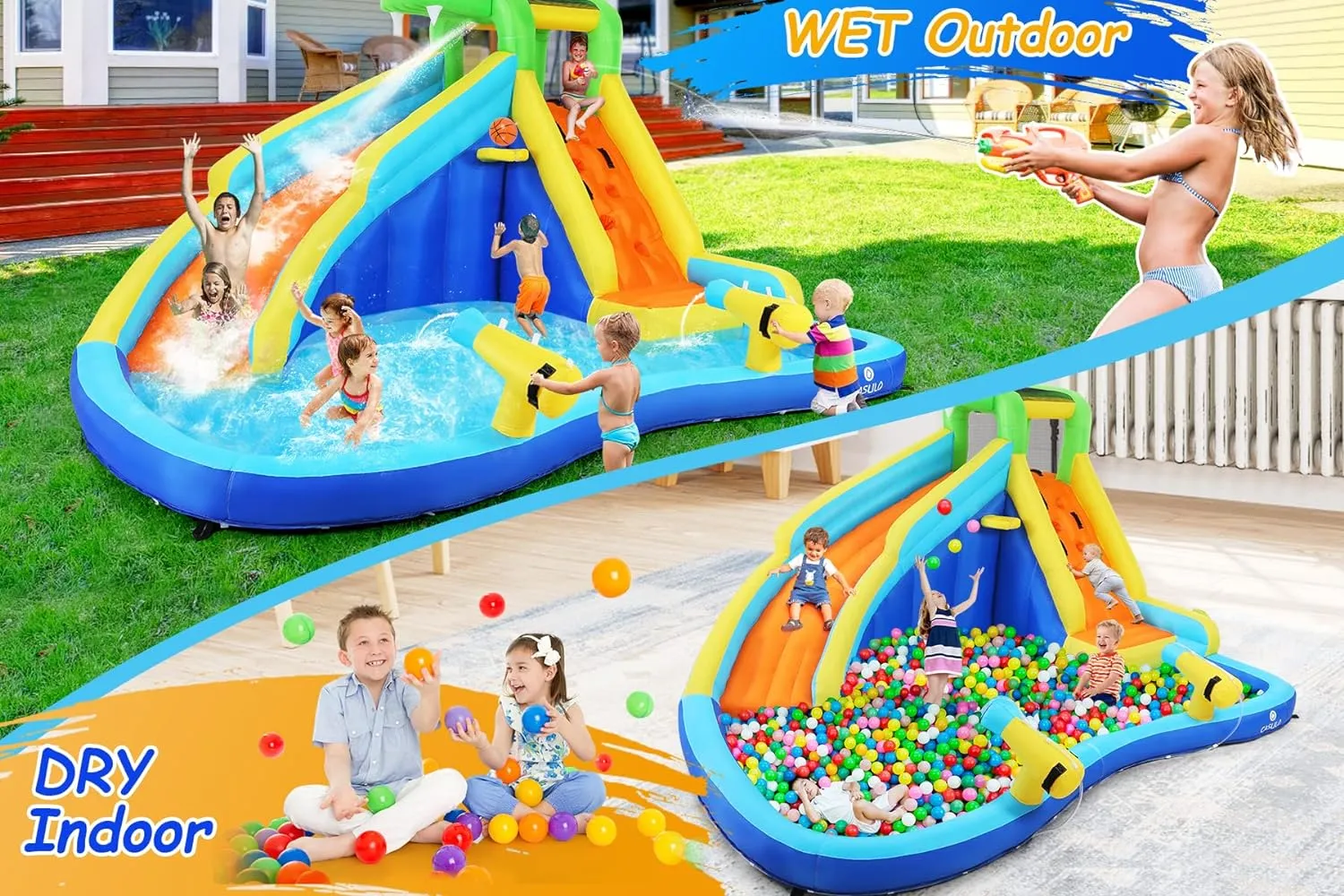 8-in-1 Kinder Wasserspaß Rutsche – aufblasbarer Spielpark mit Kletterwand, Pool & Wasserkanonen