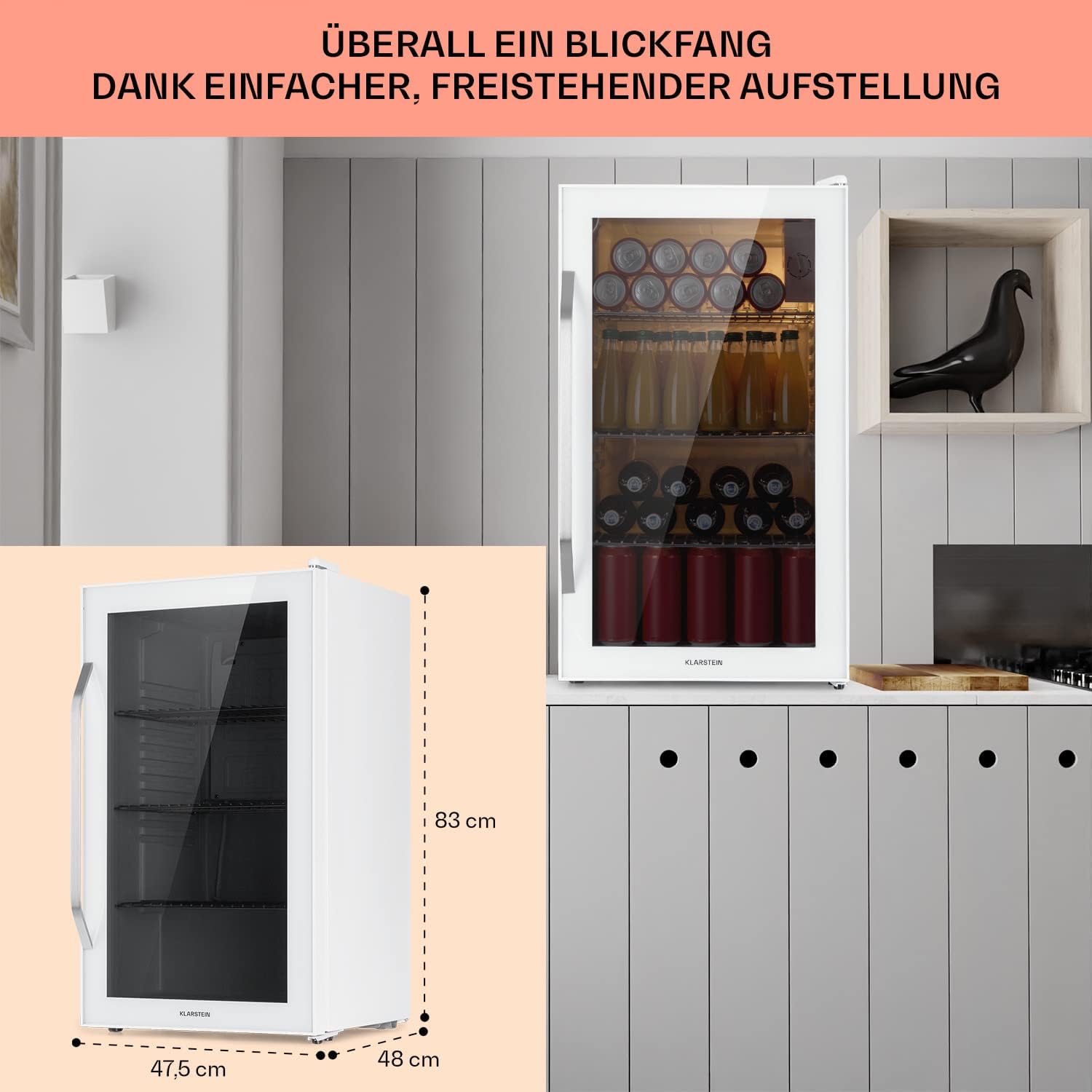 Klarstein Mini-Kühlschrank 80 L mit Glastür – Leise, Energieeffizient, Ideal für Getränke, Party & Camping