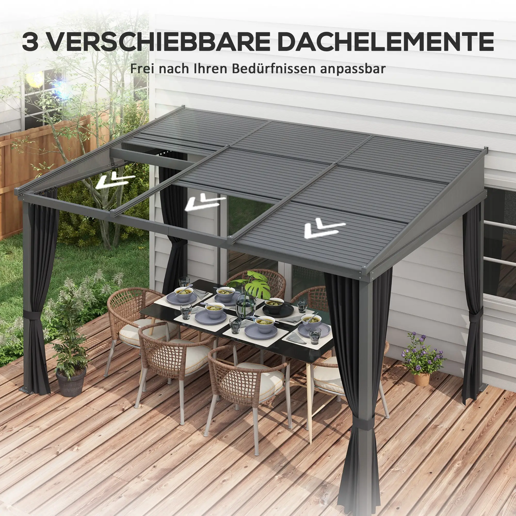 Outsunny Pergola mit Schiebedach – Aluminium, Sonnen- & Regenschutz, Grau, 365x255 cm