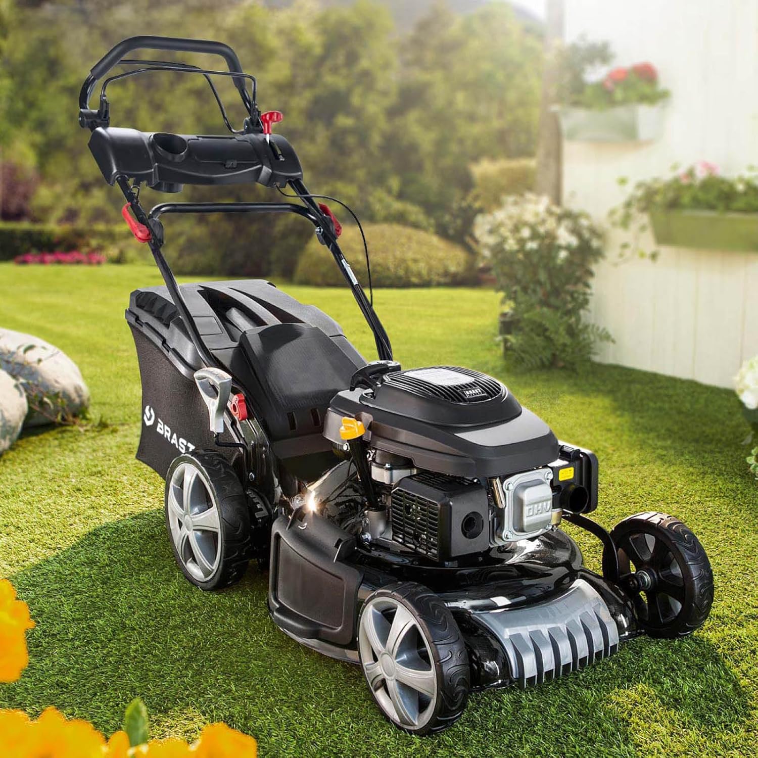BRAST 19224 ESTART Benzin-Rasenmäher – 5,2 kW, Elektrostart, 3 Gänge, 48 cm Schnittbreite, 60 L Fangkorb, Mulchfunktion, Stahlgehäuse