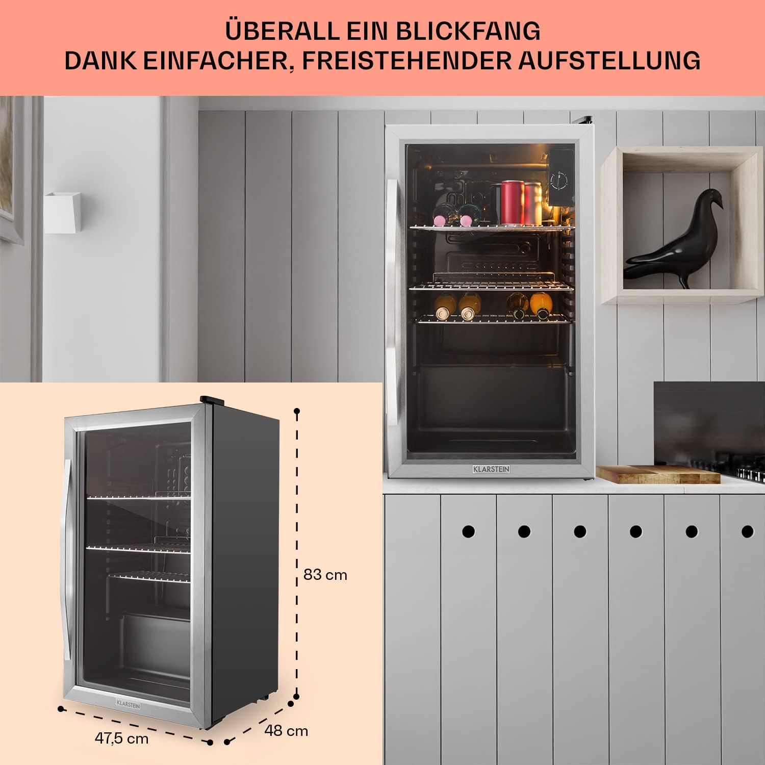 Klarstein Mini-Kühlschrank 80 L mit Glastür – Leise, Energieeffizient, Ideal für Getränke, Party & Camping