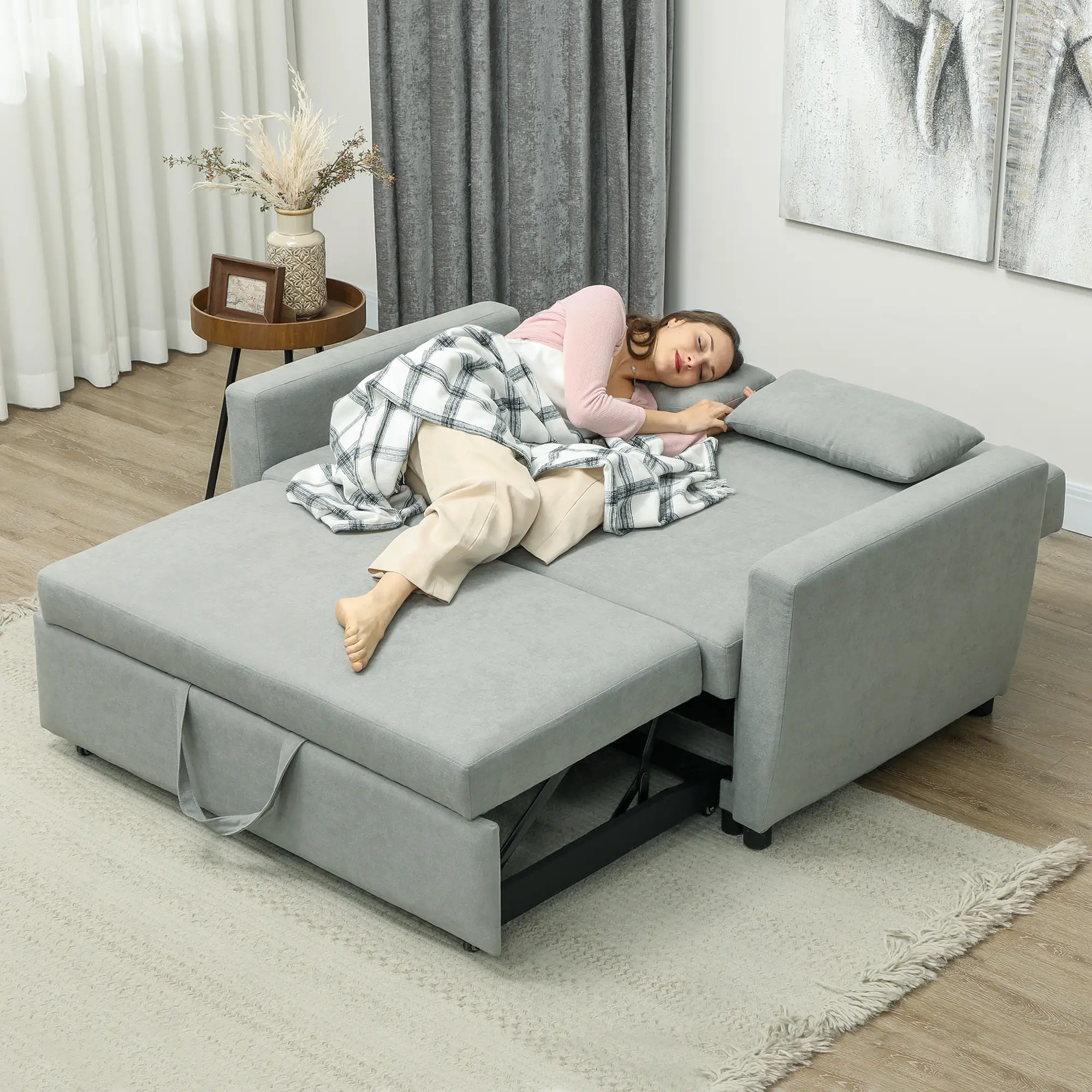 HOMCOM 2-Sitzer Schlafsofa mit Rollen & Eukalyptusgestell – Komfort trifft Flexibilität