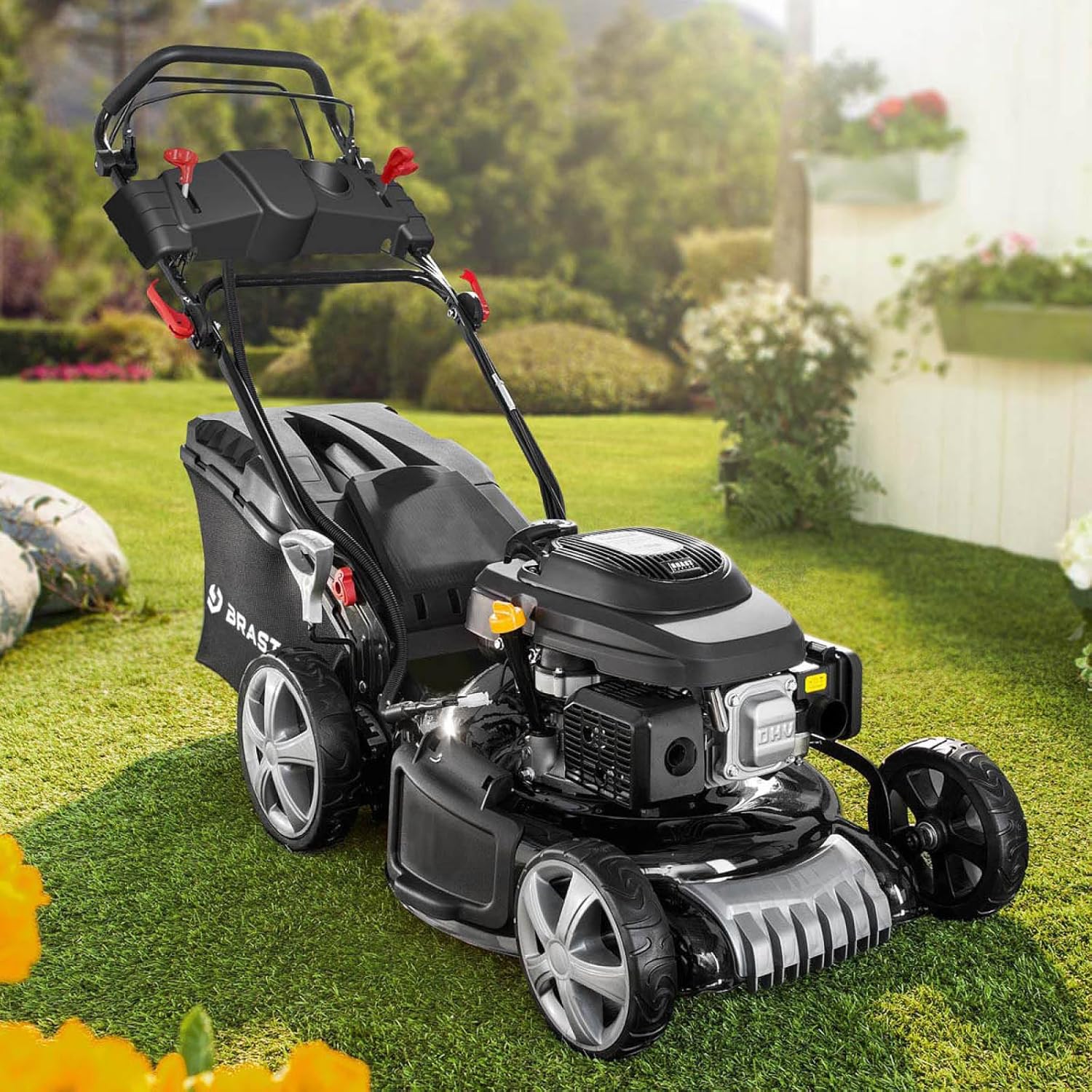 BRAST 19224 ESTART Benzin-Rasenmäher – 5,2 kW, Elektrostart, 3 Gänge, 48 cm Schnittbreite, 60 L Fangkorb, Mulchfunktion, Stahlgehäuse