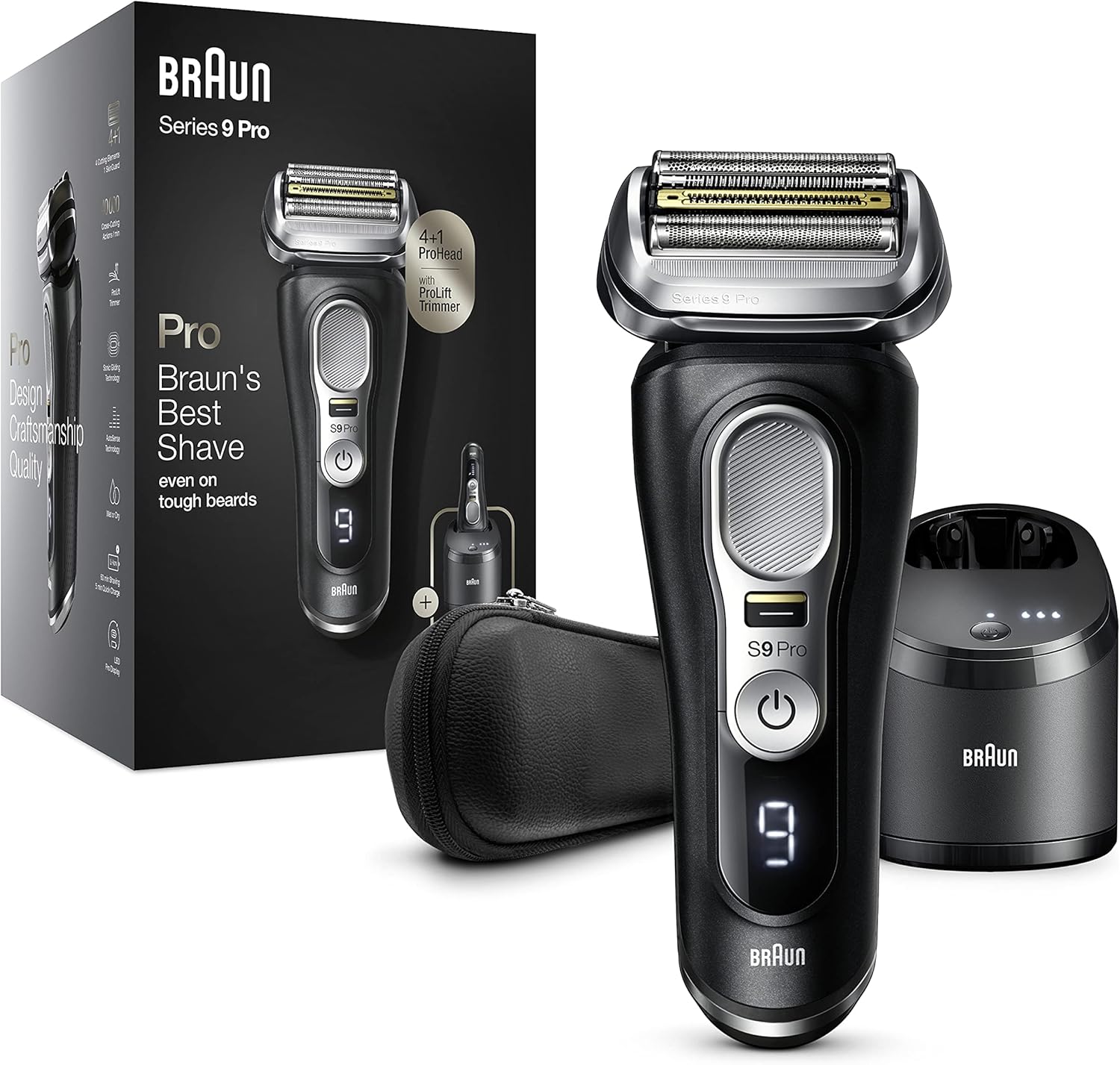Braun Series 9 Pro Rasierer für Herren – 4+1 Scherköpfe, ProLift, PowerCase + 5-in-1 Reinigungsstation, 60 Min, 9477cc, Silber