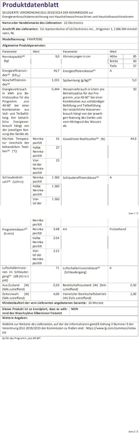LG F4WV7080 Frontlader-Waschmaschine – 8 kg, 1400 U/min, AI Direct Drive, Dampfreinigung, Wi-Fi, Energieeffizienz Triple A, Weiß