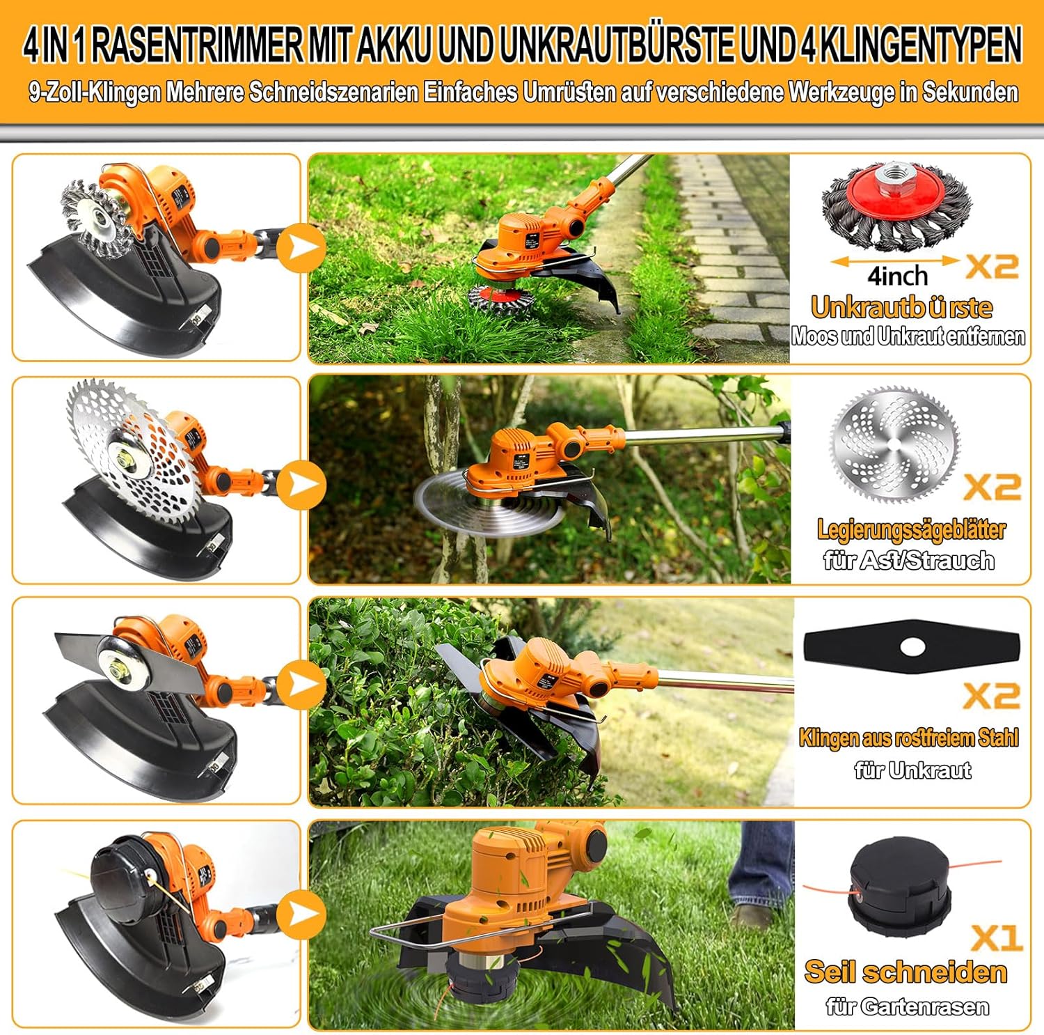 4-in-1 Akku-Gartenfräse & Rasentrimmer 21V – Effizient, Kraftvoll & Vielseitig