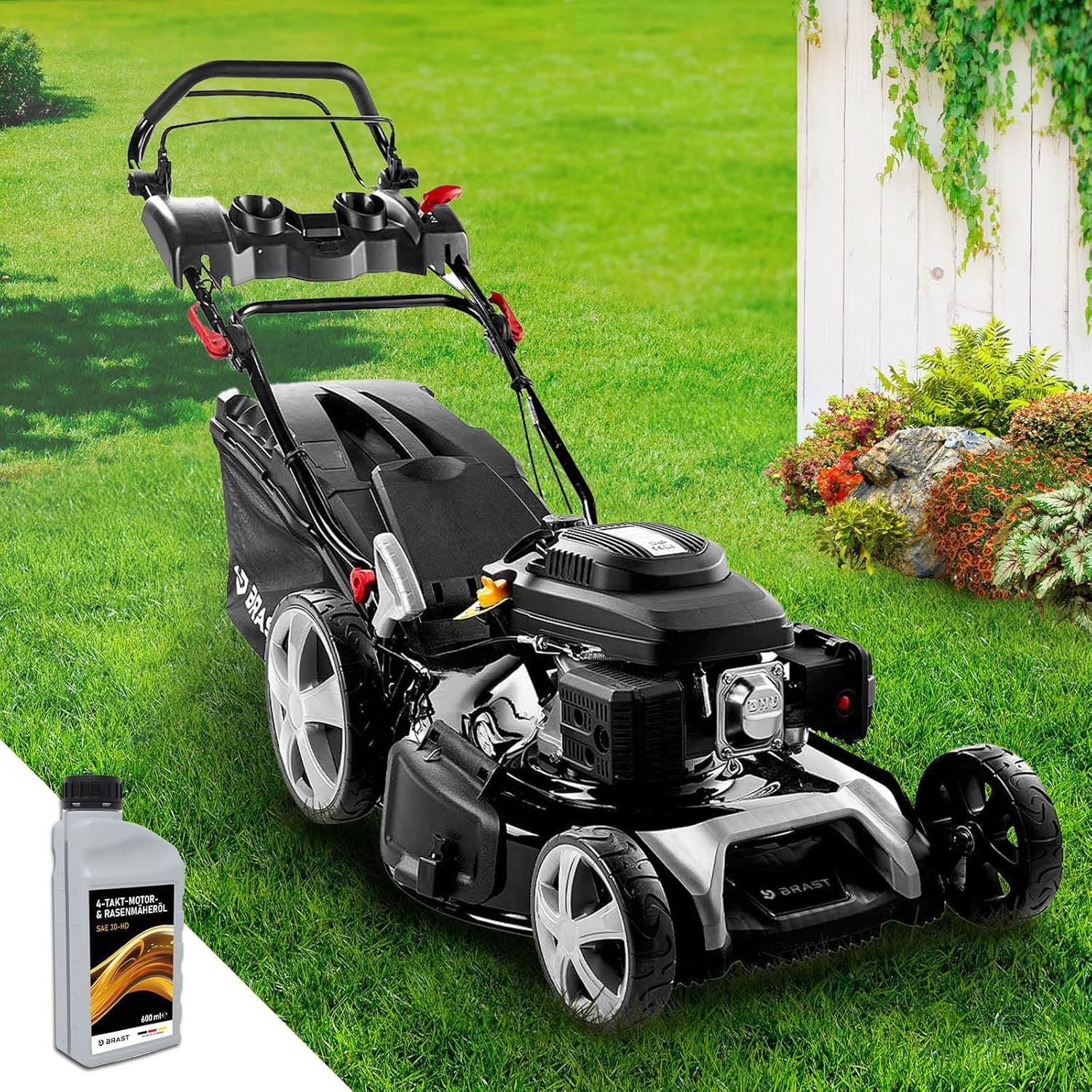 BRAST Benzin-Rasenmäher 5,2 kW – 55 cm Schnittbreite, 4 in 1, 60 L Grasfangkorb, Höhenverstellbar, Stahlgehäuse