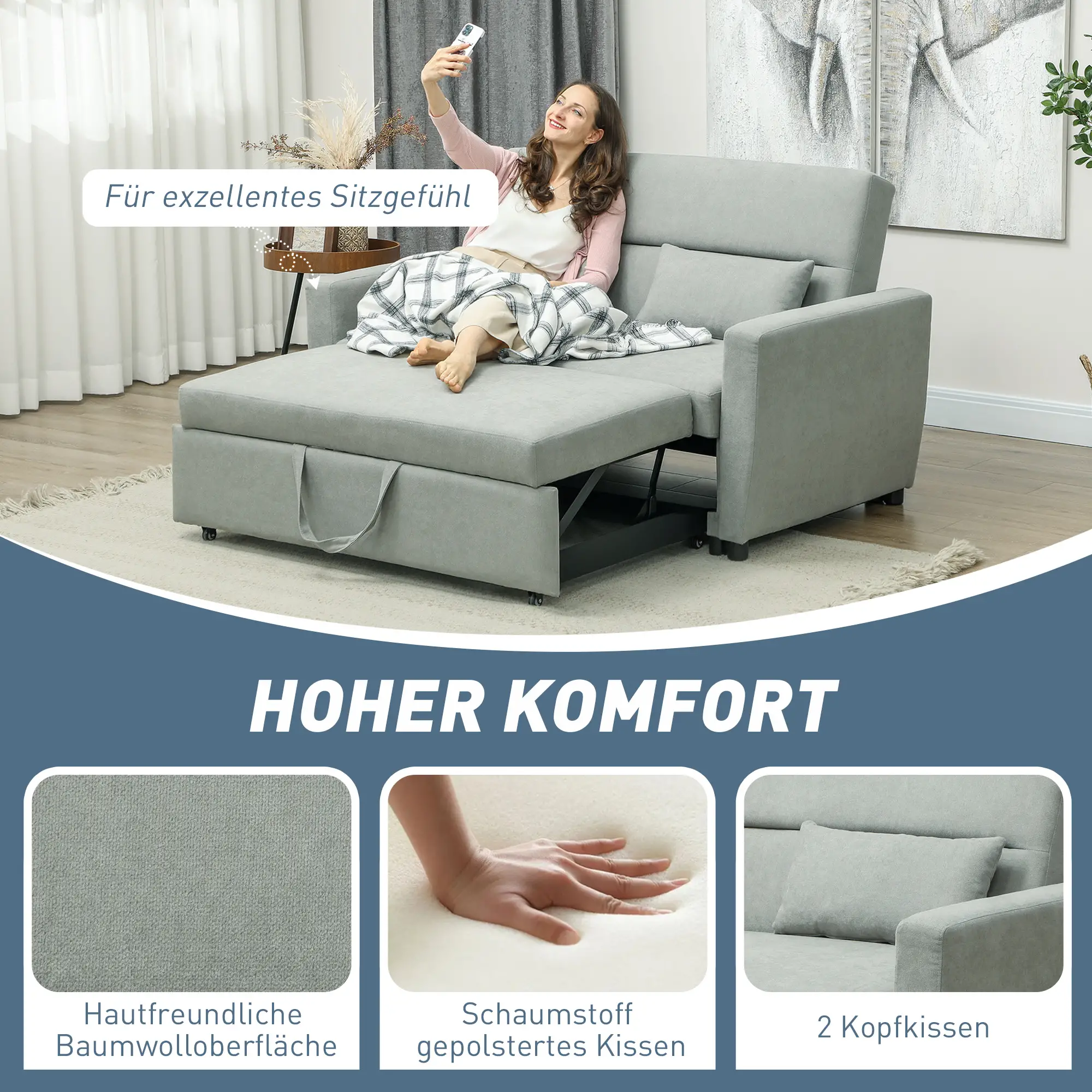 HOMCOM 2-Sitzer Schlafsofa mit Rollen & Eukalyptusgestell – Komfort trifft Flexibilität