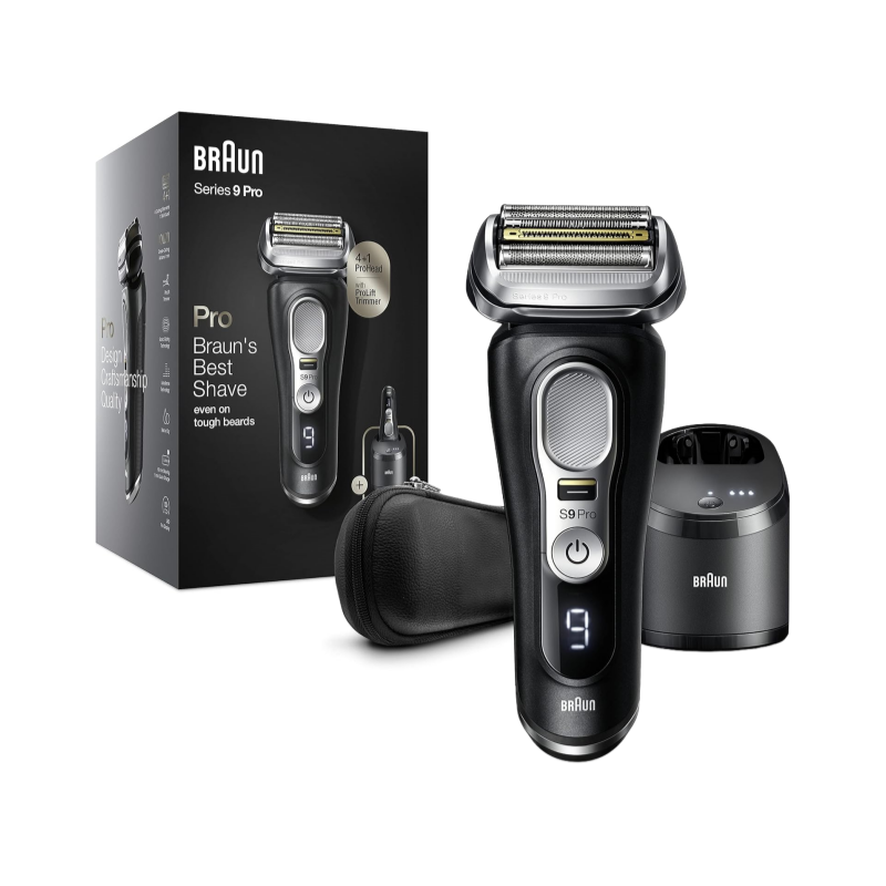 Braun Series 9 Pro Rasierer für Herren – 4+1 Scherköpfe, ProLift, PowerCase + 5-in-1 Reinigungsstation, 60 Min, 9477cc, Silber