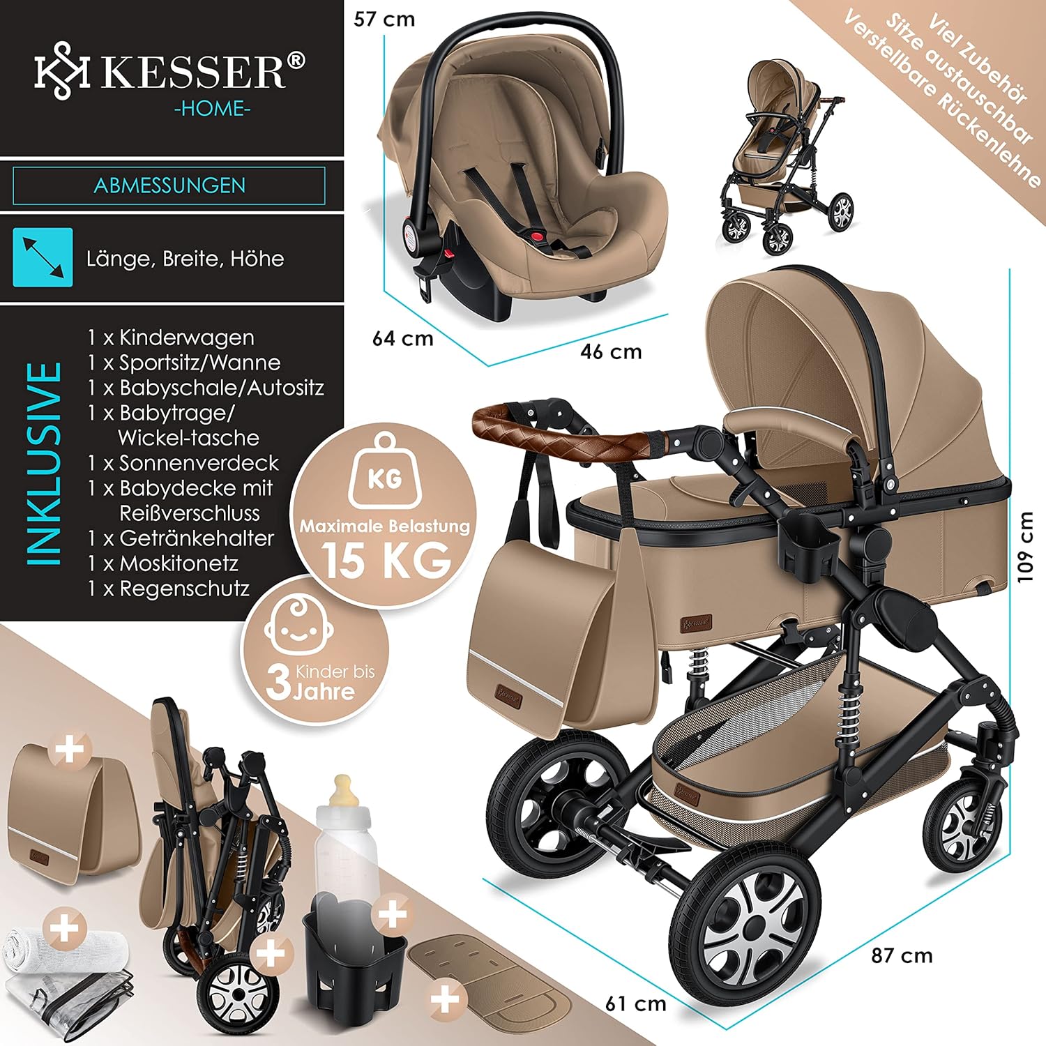 KESSER® Loops 3 in 1 Kinderwagen – Babywanne, Buggy Sportsitz, Auto-Babyschale
