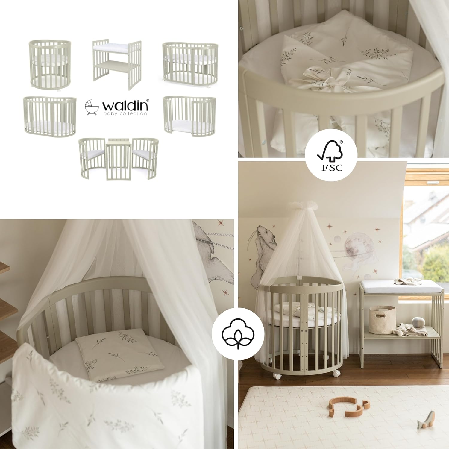 Waldin Oval Baby-Bett 7in1 – Mitwachsend, Gitterbett, Wickelkommode