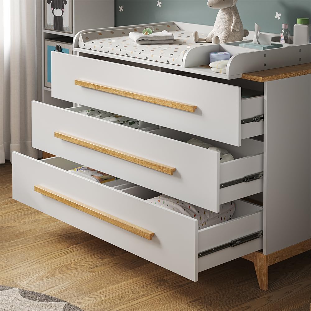 VitaliSpa Wickelkommode Malia XL – 133 x 98 cm, 3 Schubladen, Weiß/Eiche