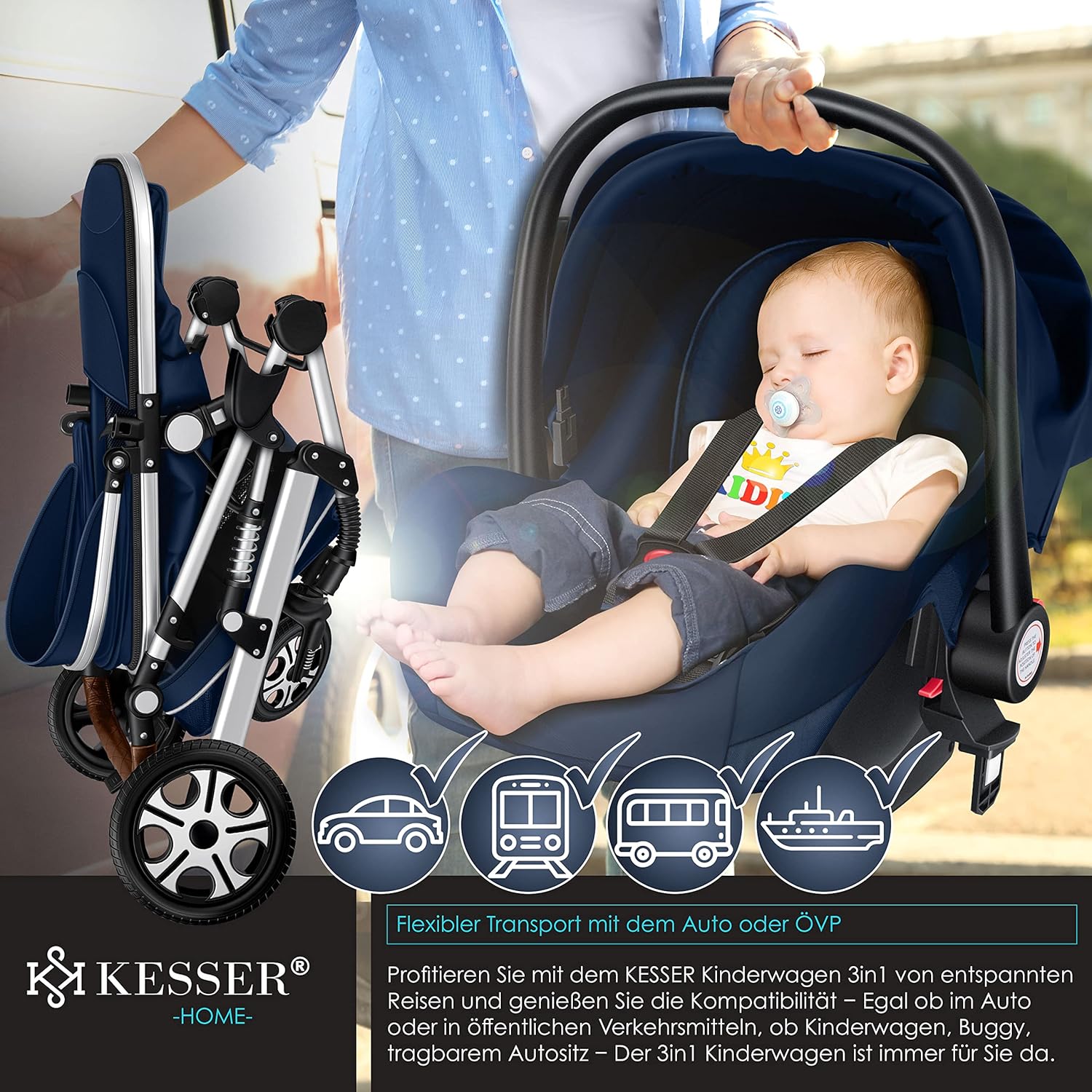 KESSER® Loops 3 in 1 Kinderwagen – Babywanne, Buggy Sportsitz, Auto-Babyschale