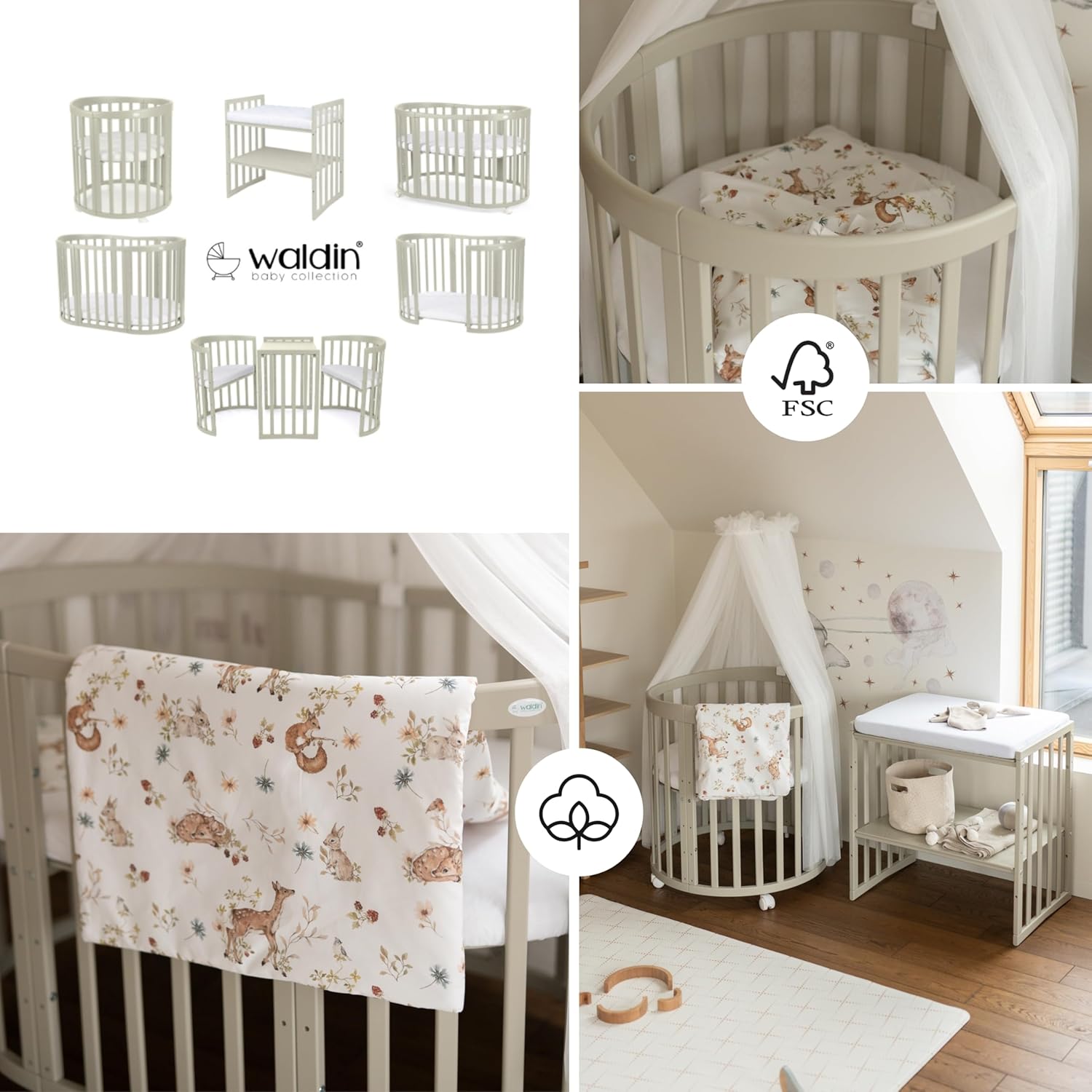 Waldin Oval Baby-Bett 7in1 – Mitwachsend, Gitterbett, Wickelkommode