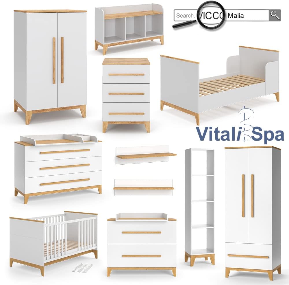 VitaliSpa Wickelkommode Malia XL – 133 x 98 cm, 3 Schubladen, Weiß/Eiche