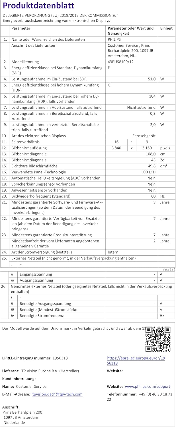 Philips Ambilight 43PUS8109 – 43 Zoll 4K LED Smart TV mit Titan OS & Dolby Atmos